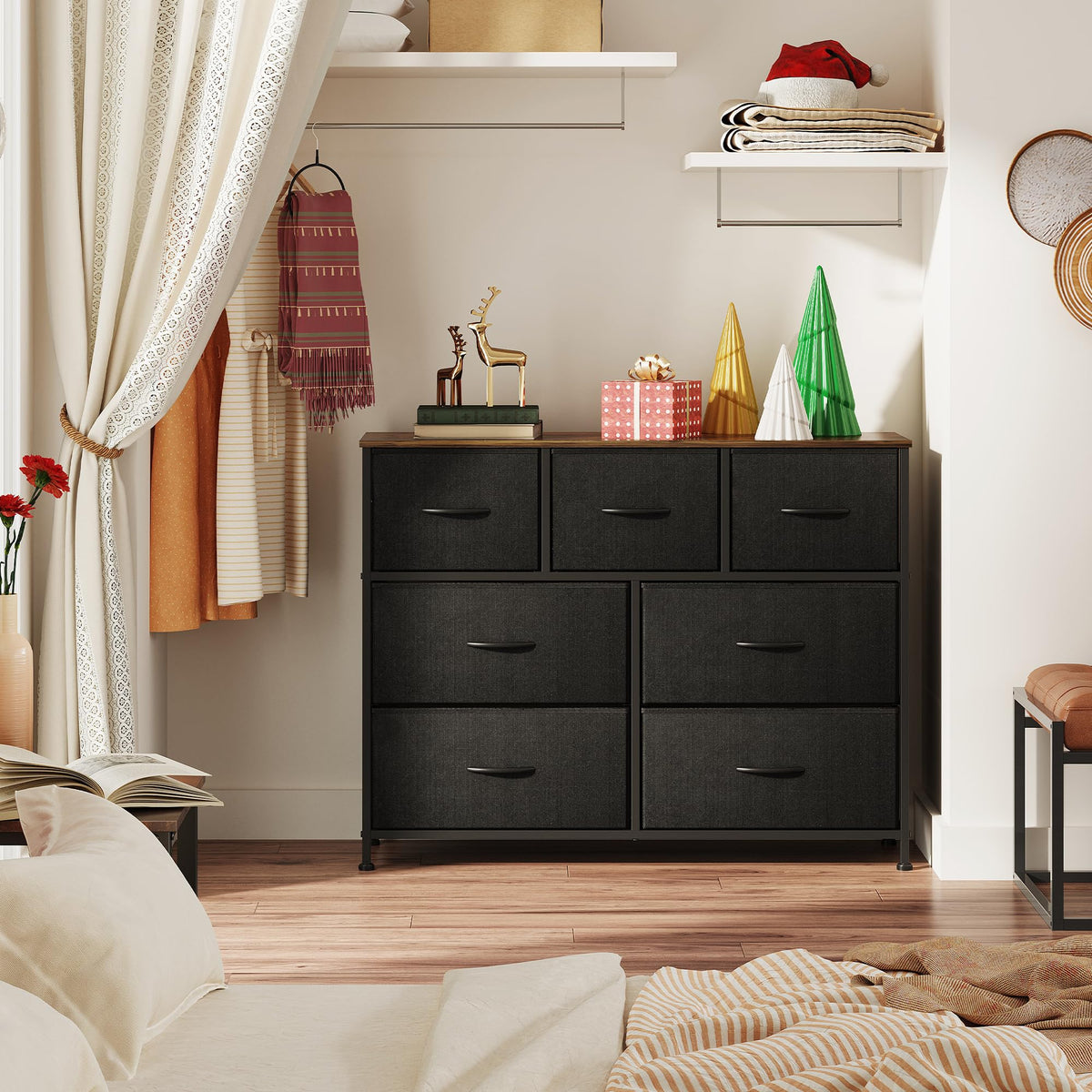 Wlive Dresser Tv Stand, Entertainment Center With Fabric Drawers, Media Console Table With Metal Frame And Wood Top For Tv Up To 45 Inch, Chest Of Drawers For Bedroom, Black And Rustic Brown