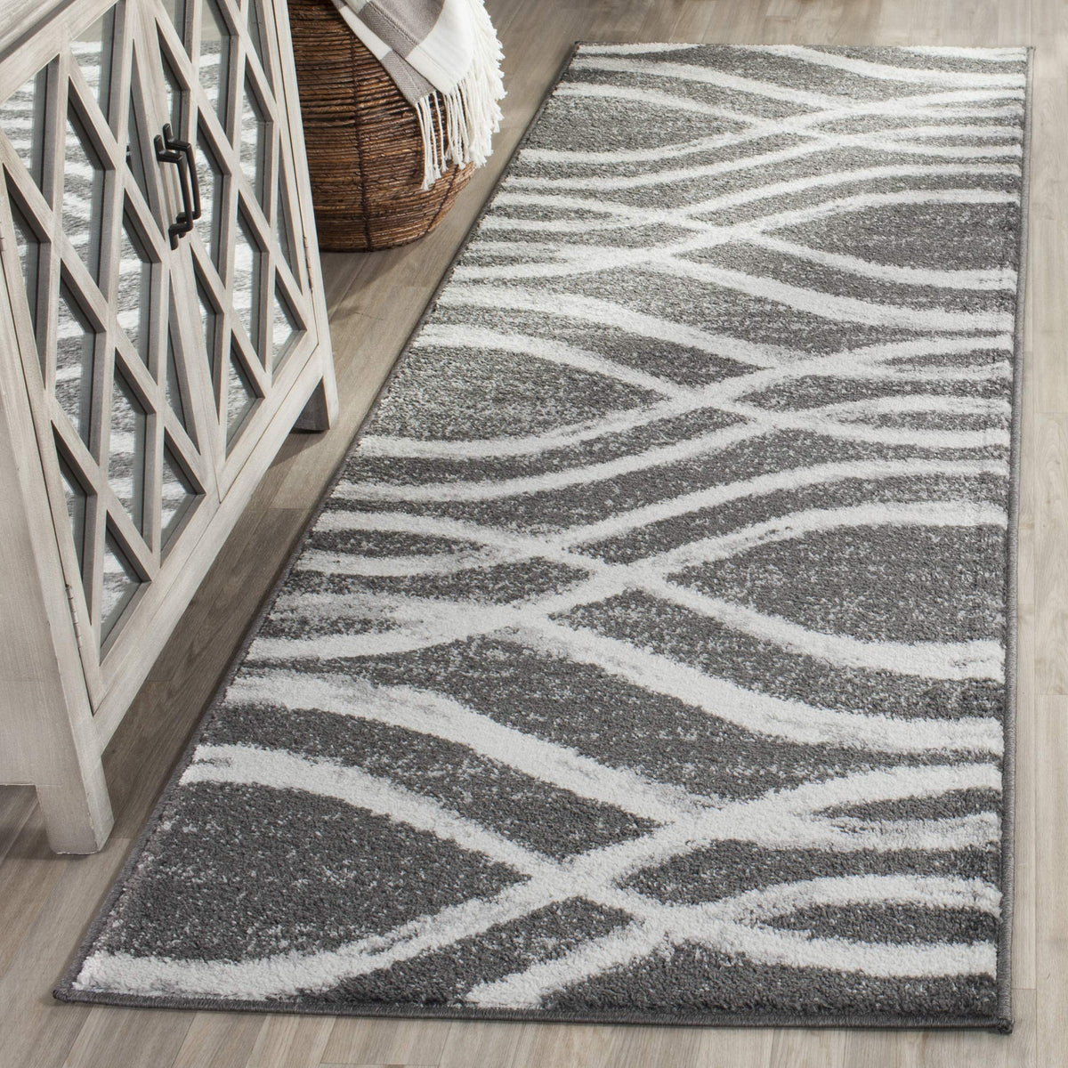 SAFAVIEH Adirondack Collection Runner Rug - 26 x 14, Charcoal & Ivory, Modern Wave Distressed Design, Non-Shedding & Easy Care