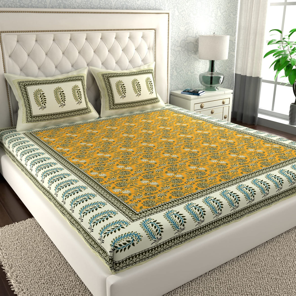 La Verne140 TC 100% Cotton King Size Jaipuri Rjasathani Print Bedsheet with 2 Pillow Covers (Mustard)