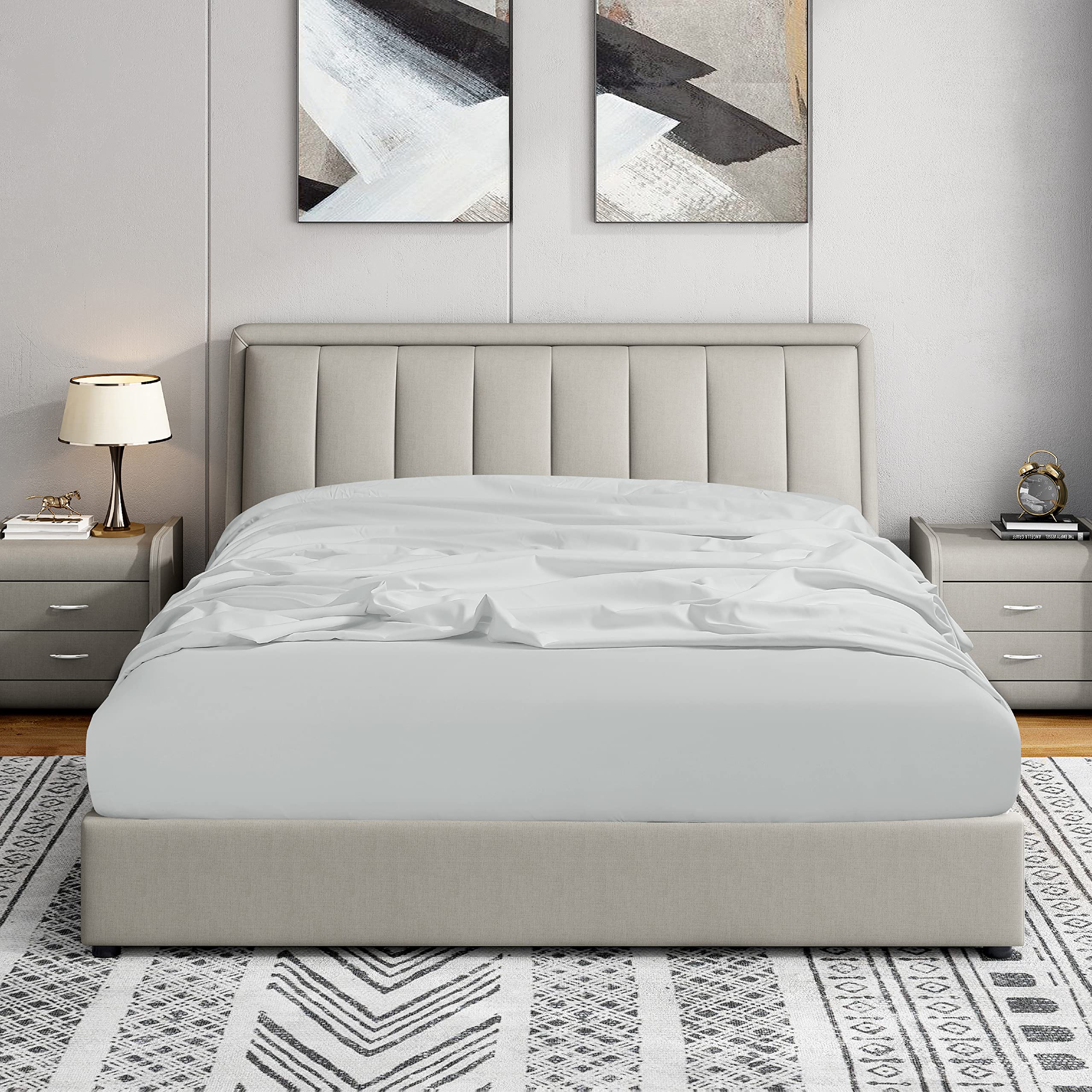 Cathay Home Queen Fitted Sheet - Double Brushed Ultra Soft – Wrinkle & Fade Resistant - 16' Deep Pocket Fitted Sheet Only - Good Fit For 14'-18' Deep Mattress (Queen, Light Gray)
