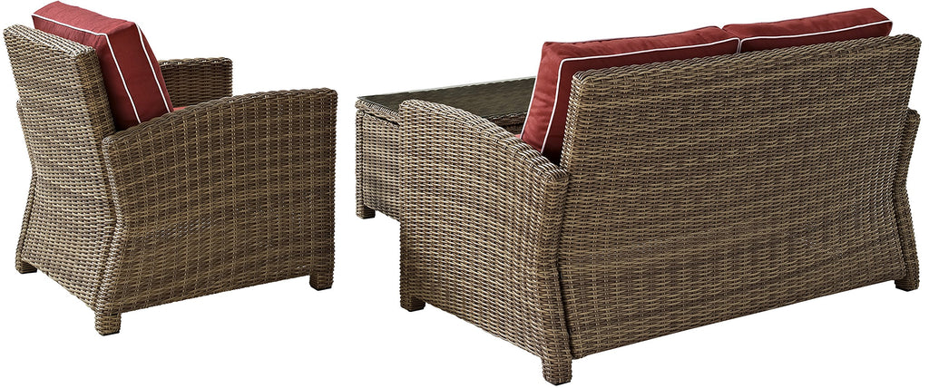 Crosley Furniture Bradenton 3-Piece Outdoor Loveseat Patio Furniture Set, Wicker Conversation Sets for Porch, Brown with Sangria Cushions
