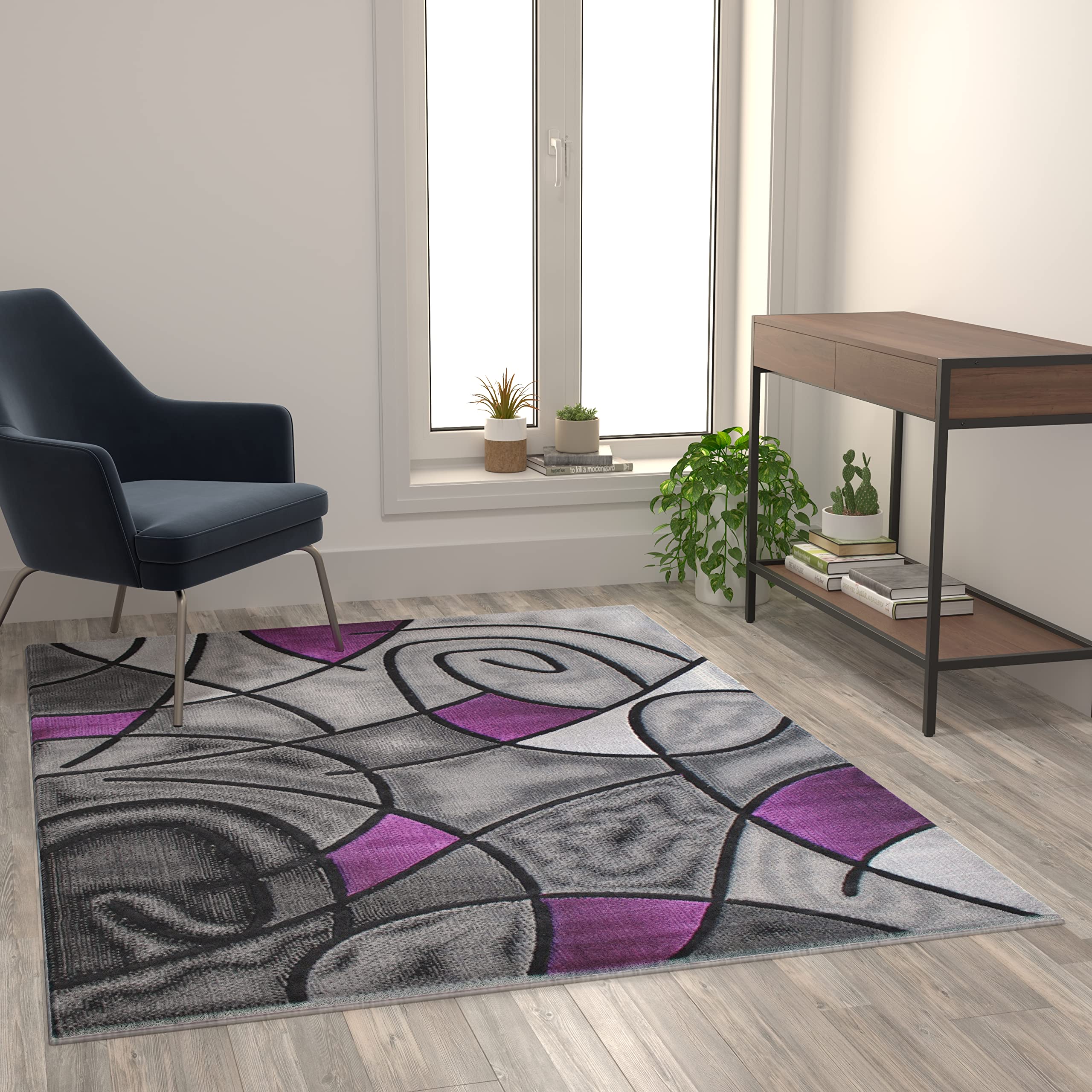 Flash Furniture Jubilee Collection Abstract Area Rug - Colorfast Purple Olefin Rug - 5' X 7' Area Rug - Jute Backing - Living Room, Bedroom, & Family Room