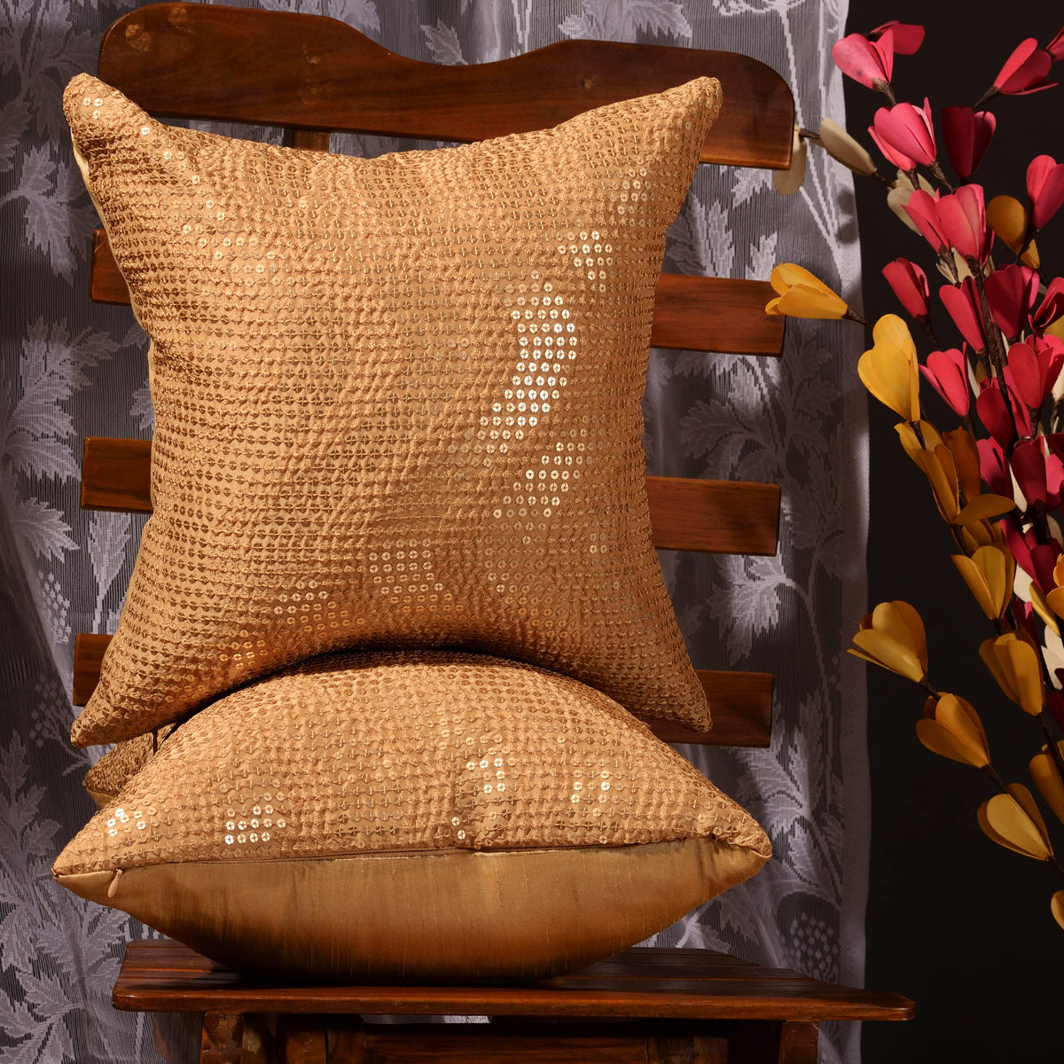 Scarlett Linens Yellow Decorative Cushions | Embroidered Cushion Covers 16X16 Inches Set Of 2 | Festive Cushion Covers | Sequin