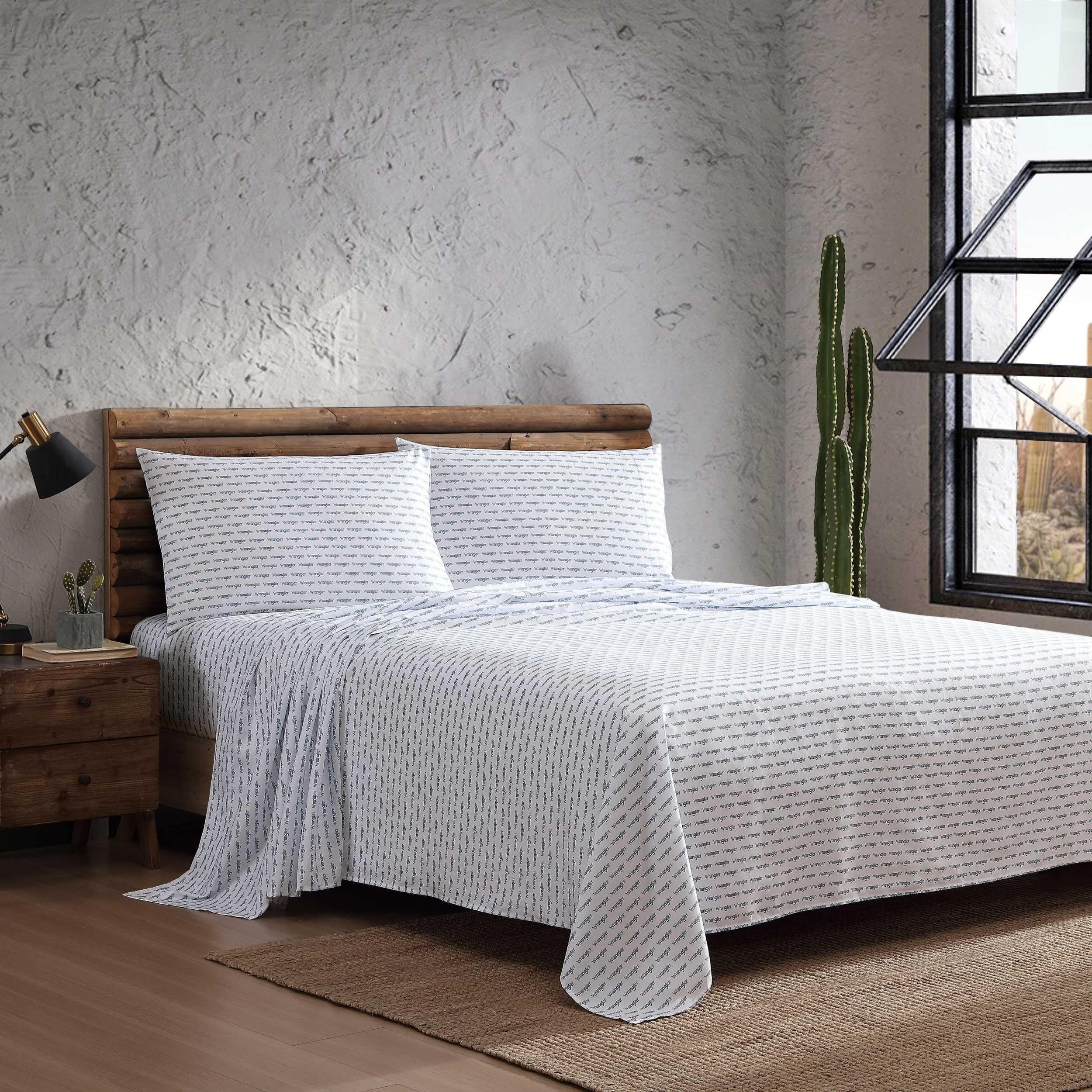 Wrangler - Sheet Set, Breathable & Wrinkle Resistant Bedding, Includes Matching Sham & Pillowcases, Yellowstone Inspired, Western Luxurious Bedding Set (Stamped Logo Blue, King)