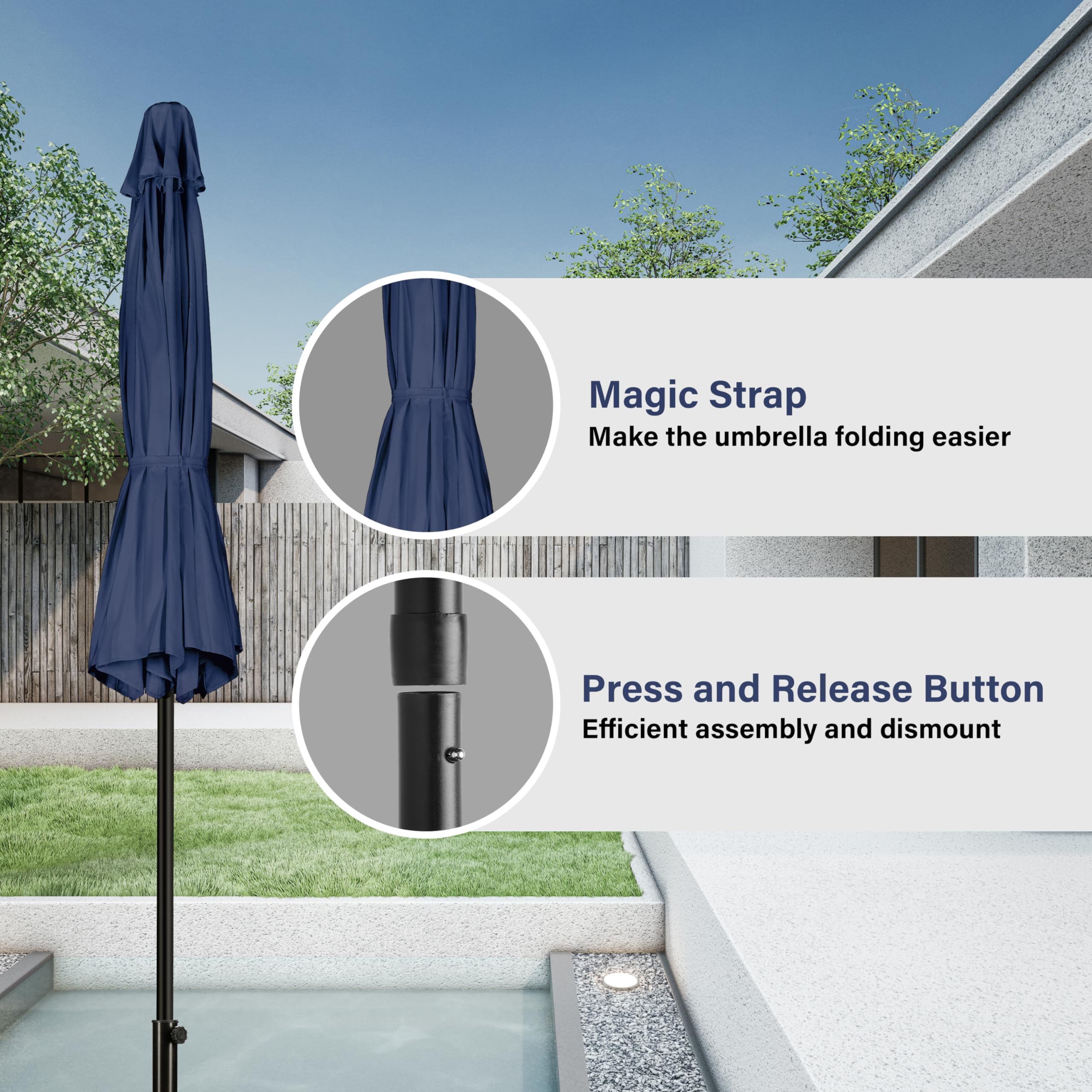 Simple Deluxe 9Ft Outdoor Patio Umbrella Table Market Umbrella With Push Button Tilt And Crank, 8 Sturdy Ribs, Uv Protection Waterproof For Garden, Lawn, Deck, Backyard, Pool, Dark Blue