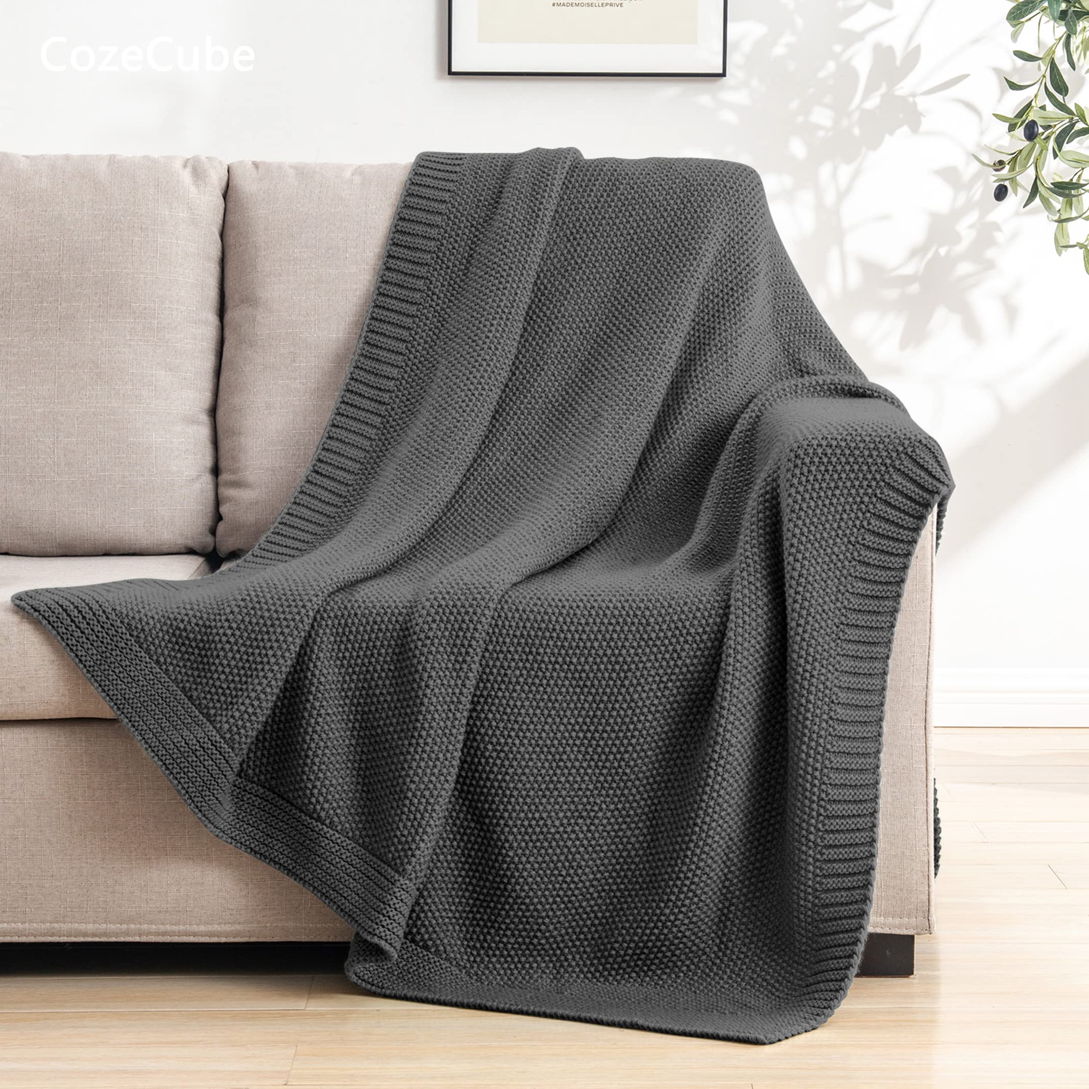 Cozecube Dark Grey Throw Blanket For Bed, Soft Cozy Cable Knit Throw Blanket For Twin Bed, Lightweight Warm Decorative Farmhouse