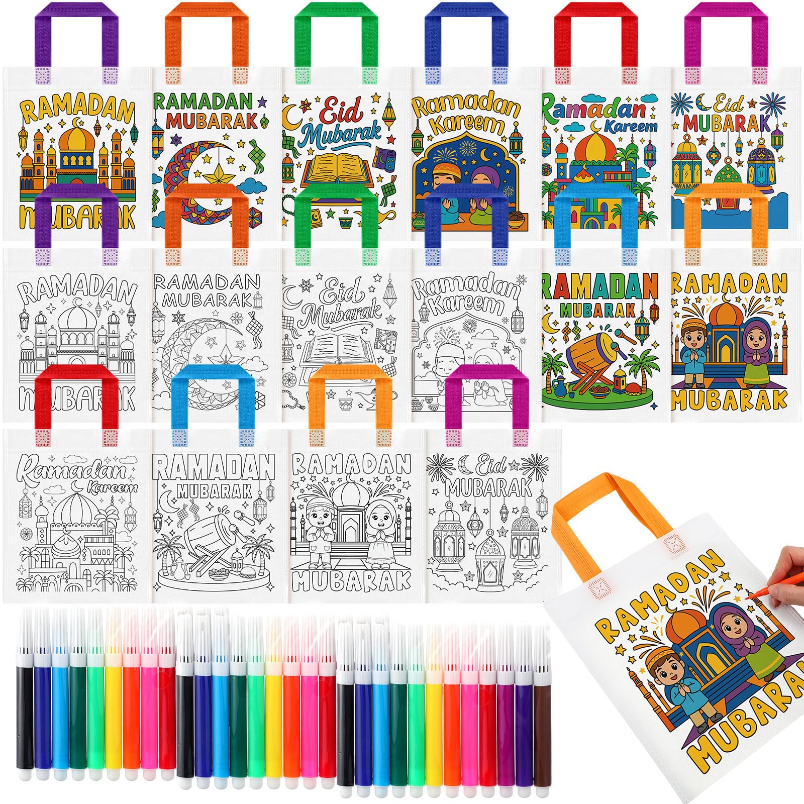 Gilprop 40 Pcs Ramadan Coloring Goodie Bags Bulk with Paint Pens Eid Mubarak Party Favors Coloring Gift Bags Ramadan Crafts Reus
