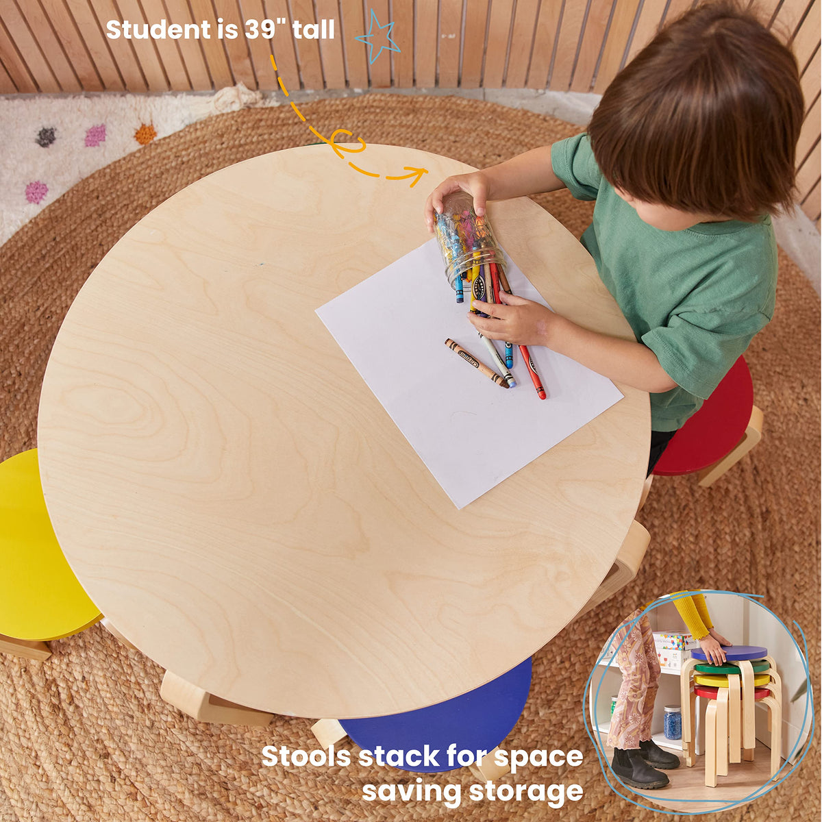 ECR4Kids 5-Piece Assorted Bentwood Round Table and Stool Set - Kids Furniture for Playrooms and Classrooms