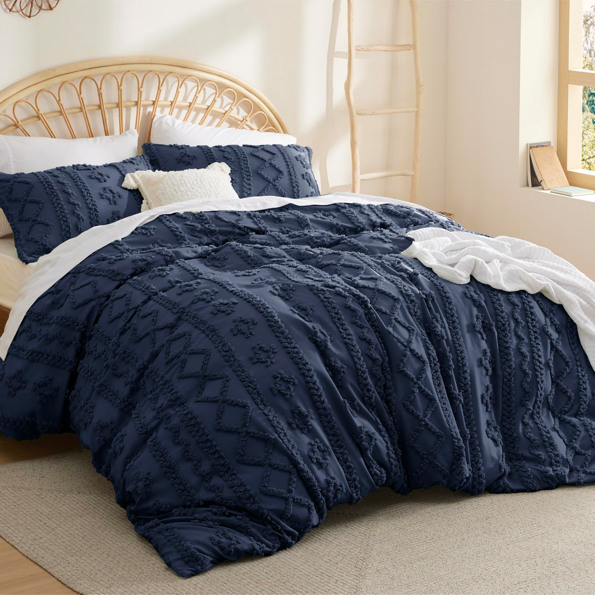 Bedsure Boho Duvet Cover Queen Size - Tufted Duvet Cover Queen Set For All Seasons, 3 Pieces Soft Shabby Chic Embroidery Boho Bedding, Comforter Not Included (Navy, 90' X 90')