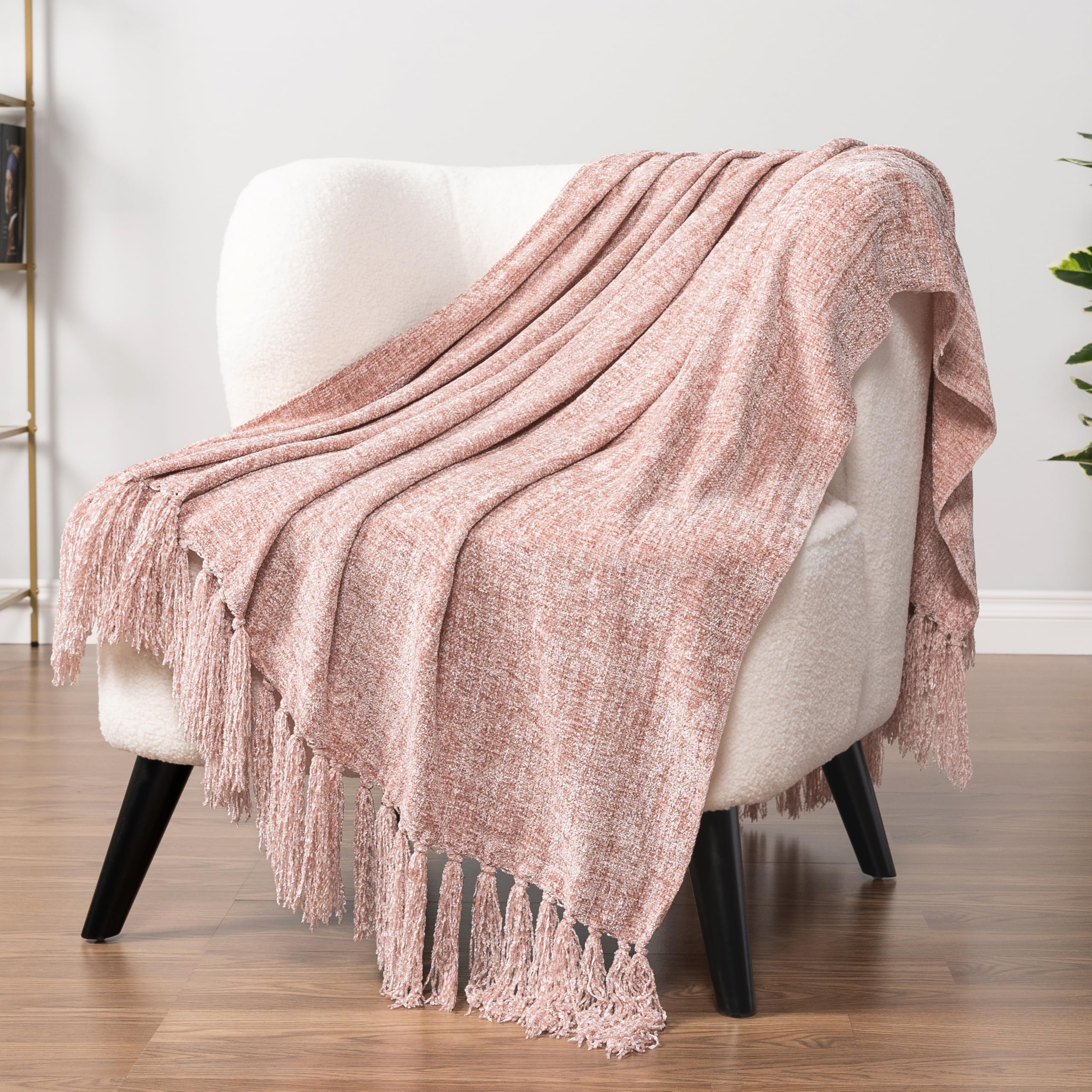 Pavilia Blush Pink Throw Blanket For Couch, Chenille Blanket For Sofa Bed, Soft Knit Woven Pink Blanket With Tassel, Decorative