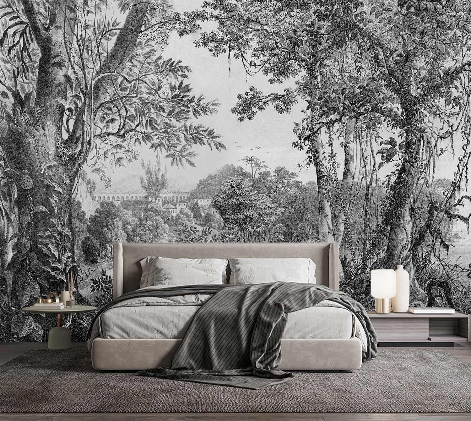 YQWDMX - Black and White Vintage Jungle Living Room Wallpaper Mural Mural49 S 100 Wx73 H(Not Peel and Stick)
