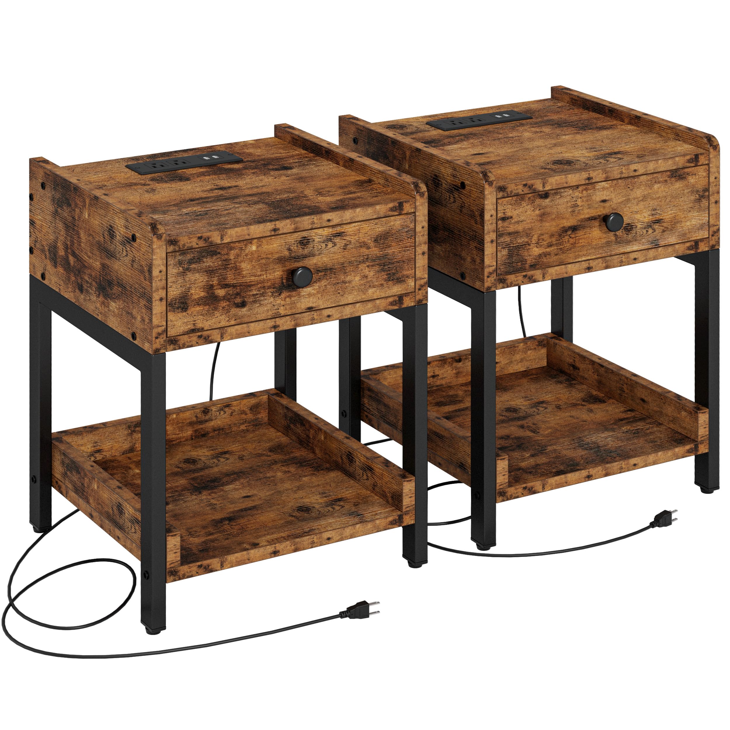 Likimio Nightstand, Set Of 2 Bedside Table With Charging Station, Small End Table With Storage Drawer And Shelf For Bedroom And Living Room, Easy Assembly, Stable And Sturdy, Vintage Brown