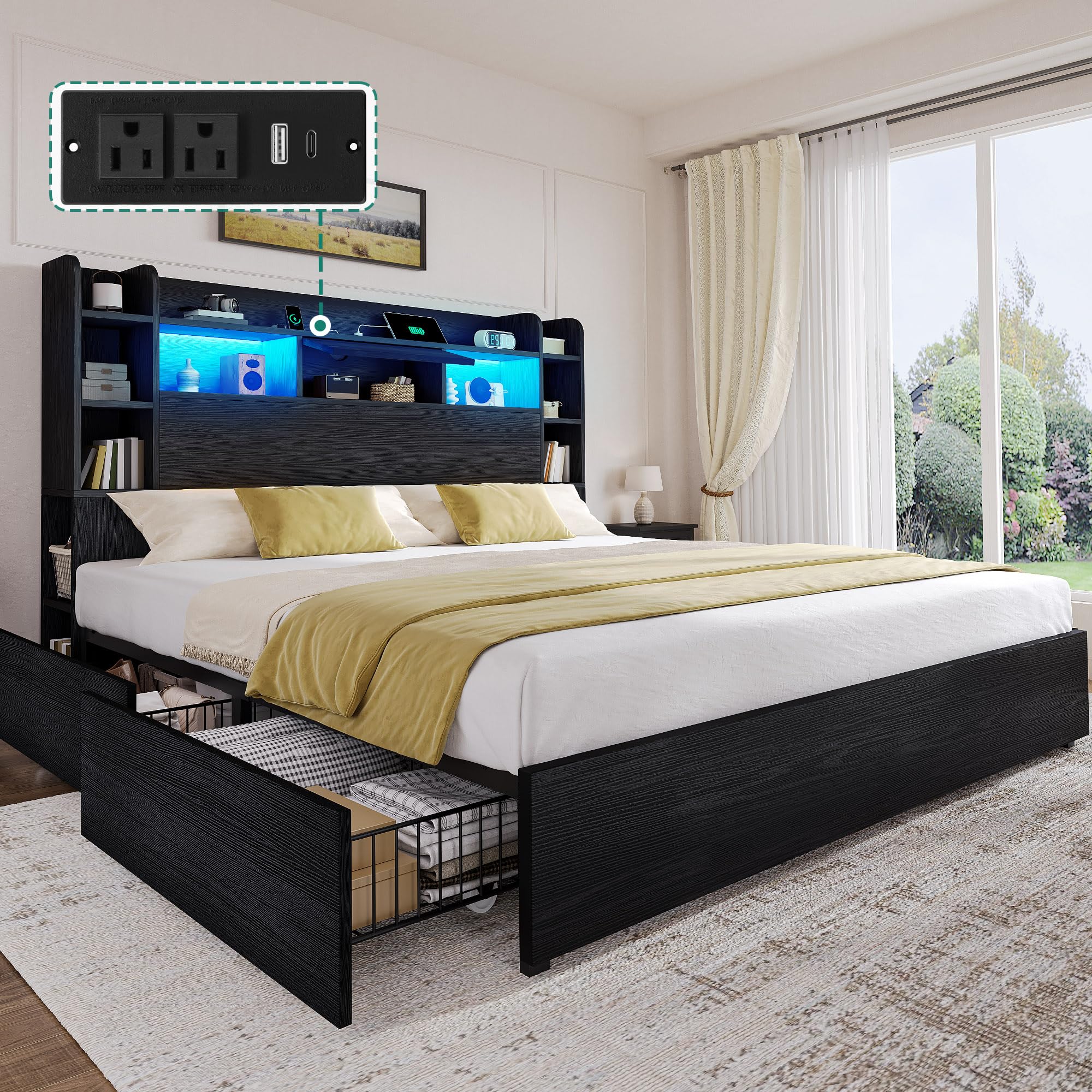 DWVO Queen Size Bed Frame with Bookcase Headboard and 4 Storage Drawers, RGB LED Bed Frame with Type-C & USB Charging Station St