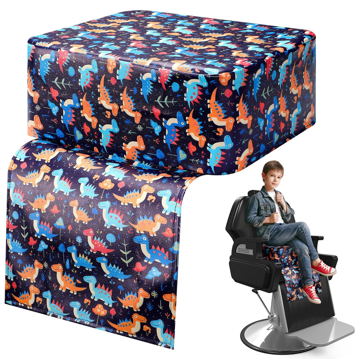 Threehoney Salon Booster Seat Children Leather Barber Chair Seat Cushion Styling Chair Dinosaur Pattern for Kids Child Hair Cutt