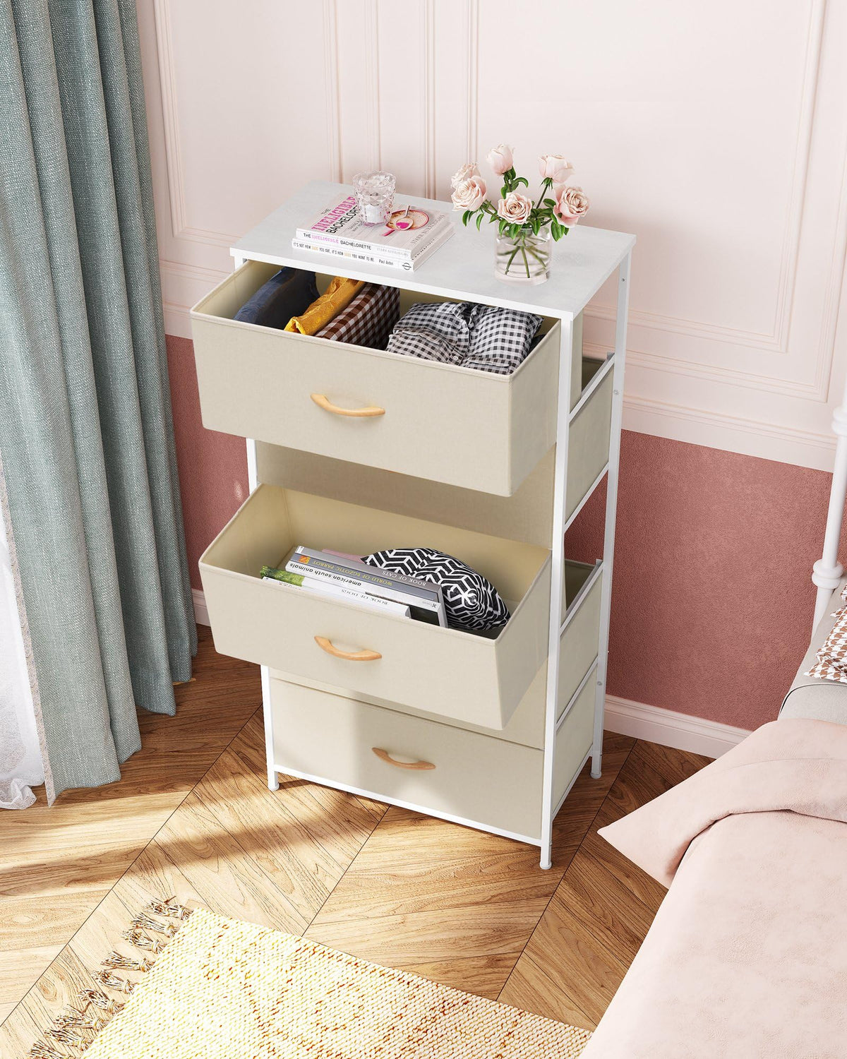 Crestlive Products Vertical Dresser Storage Tower - Sturdy Steel Frame, Wood Top, Easy Pull Fabric Bins - Wide Organizer Unit For Bedroom, Hallway, Entryway, Closets - 5 Drawers(Beige)