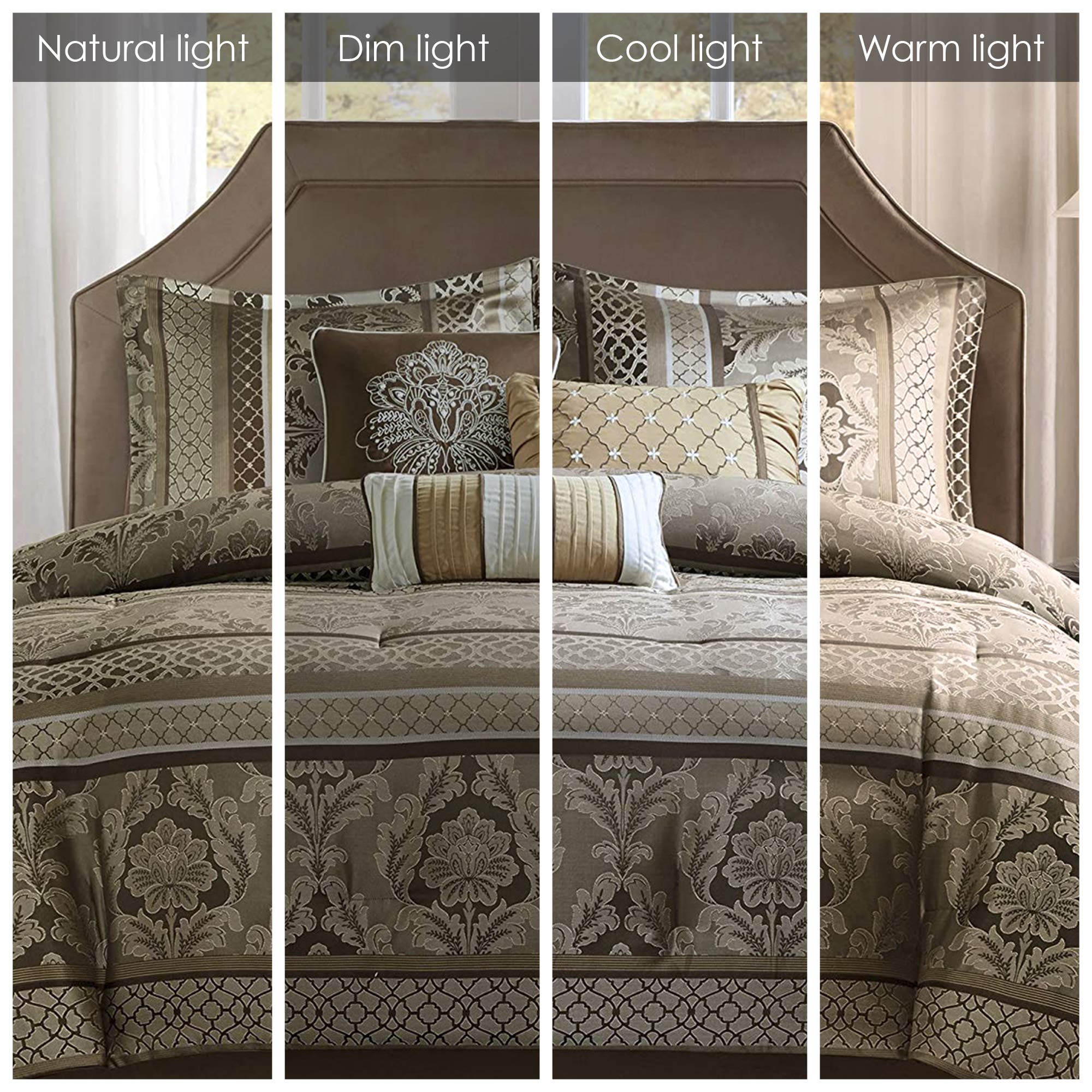 Madison Park Bellagio Cozy Comforter Set - Luxurious Jaquard Traditional Damask Design, All Season Down Alternative Bedding With Matching Shams, Decorative Pillow, King(104'X92'), Brown/Gold 7 Piece