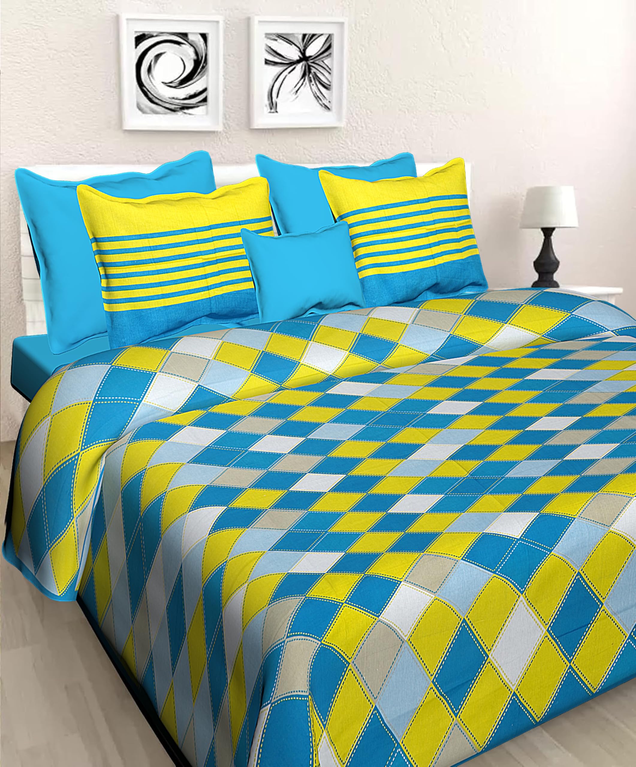 Jaipur Prints Bedding Set With Comforter, Blue And Yellow Checkered Pattern, Striped Cushion Covers, Double Bed