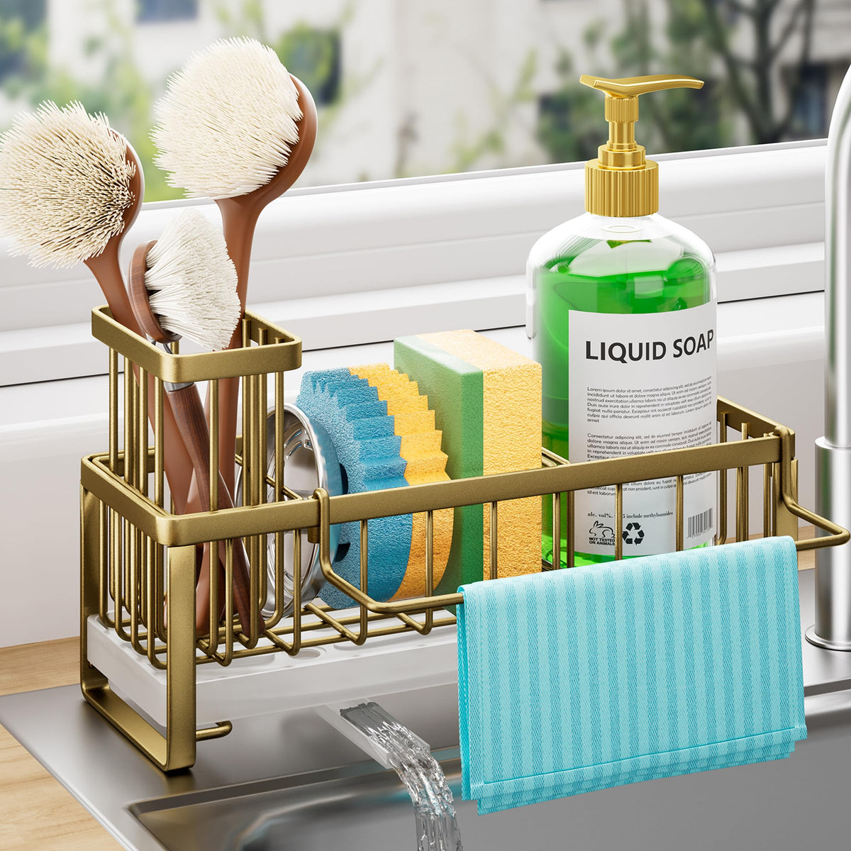 HapiRm Sponge Holder for Kitchen Sink  Selfdraining Sink Caddy with Brush and Dishcloth Holders, Stainless Steel Kitchen Count