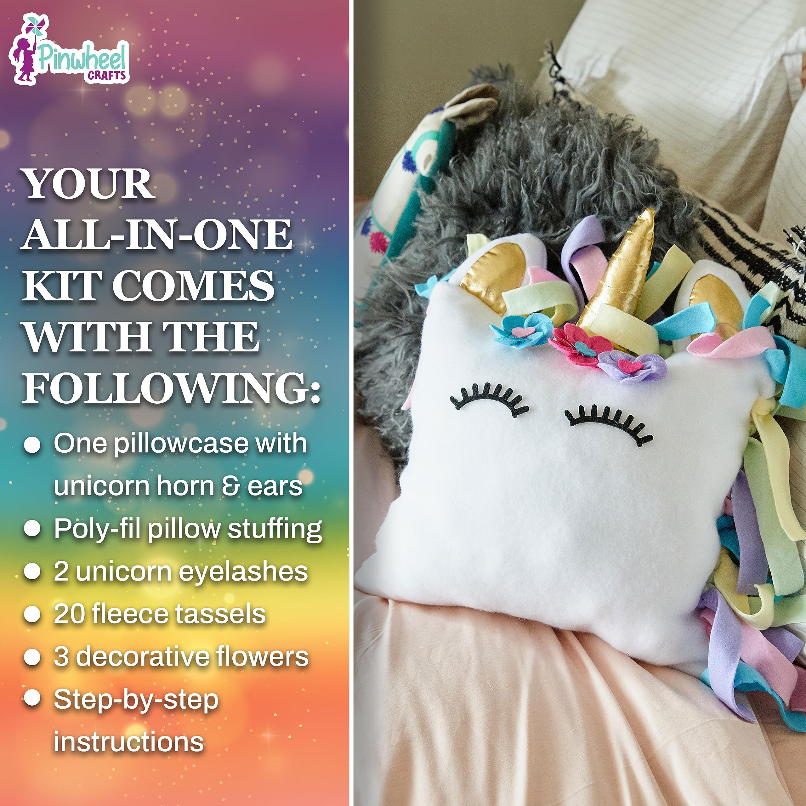 Pinwheel Crafts Unicorn Pillow Kit - DIY No Sewing Craft for Kids, Pink, Model PW0008b, Ages 6-12, Perfect Gift for Girls
