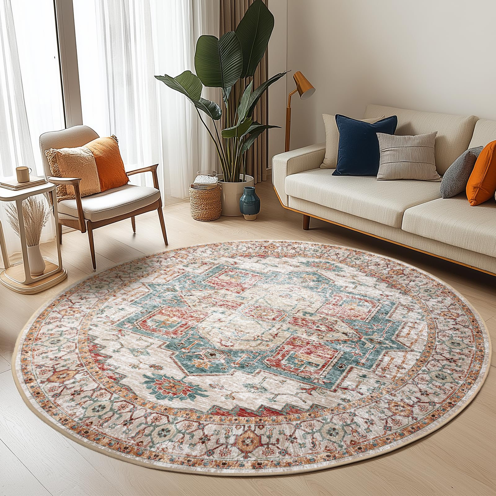 Washable Round Rugs 6ft Round Area Rug Non Slip Circle Rugs Low-Pile Floor Carpet Distressed Printed Doormat Soft Area Rug for L