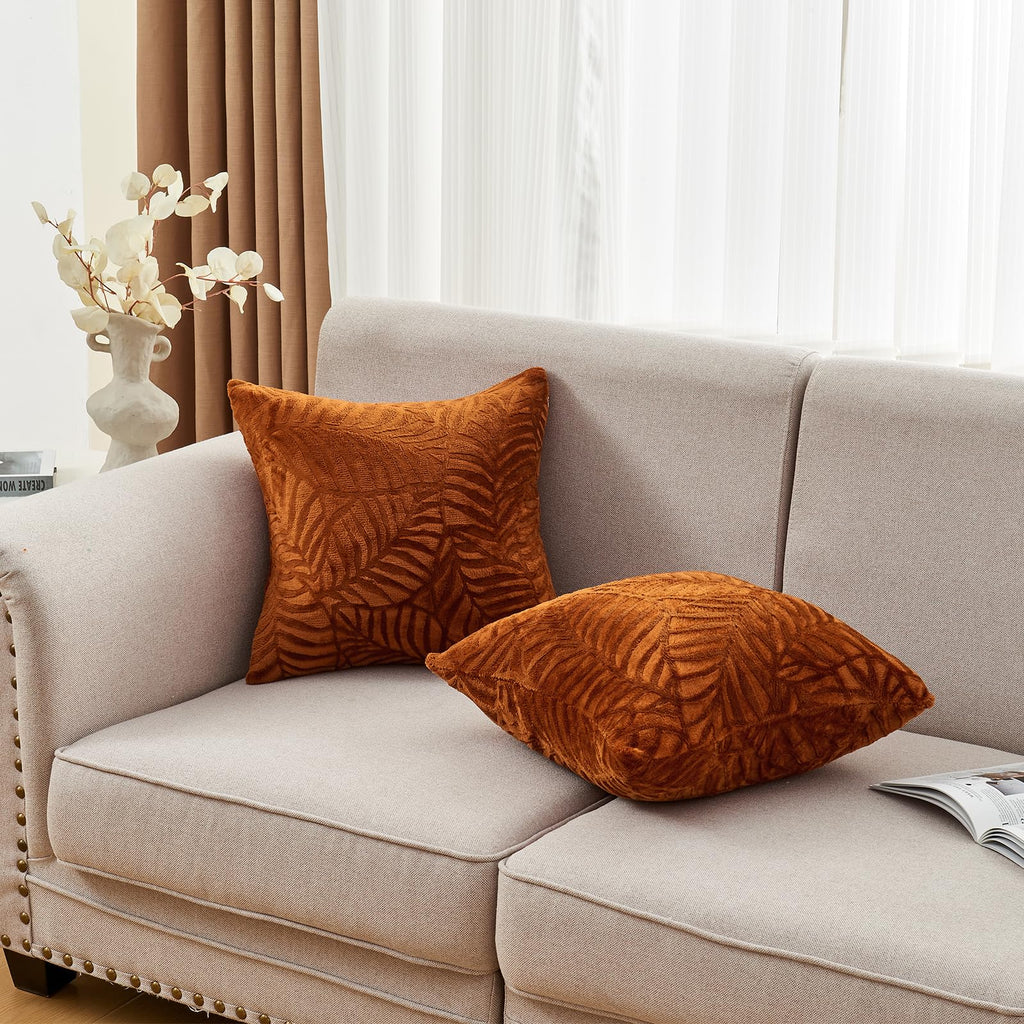 Sochow Fall Decorative Throw Pillow Covers 18X18 Inches Set Of 2, Soft Leaves Textured Flannel Fleece Pillowcase Square Cushion