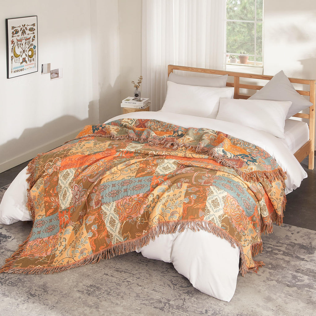Boho Throw Blanket For Bed 90   X98   , 100% Cotton Woven Blanket For Couch Sofa, Ultra Soft 4-Layer Muslin Quilt With Patchwork