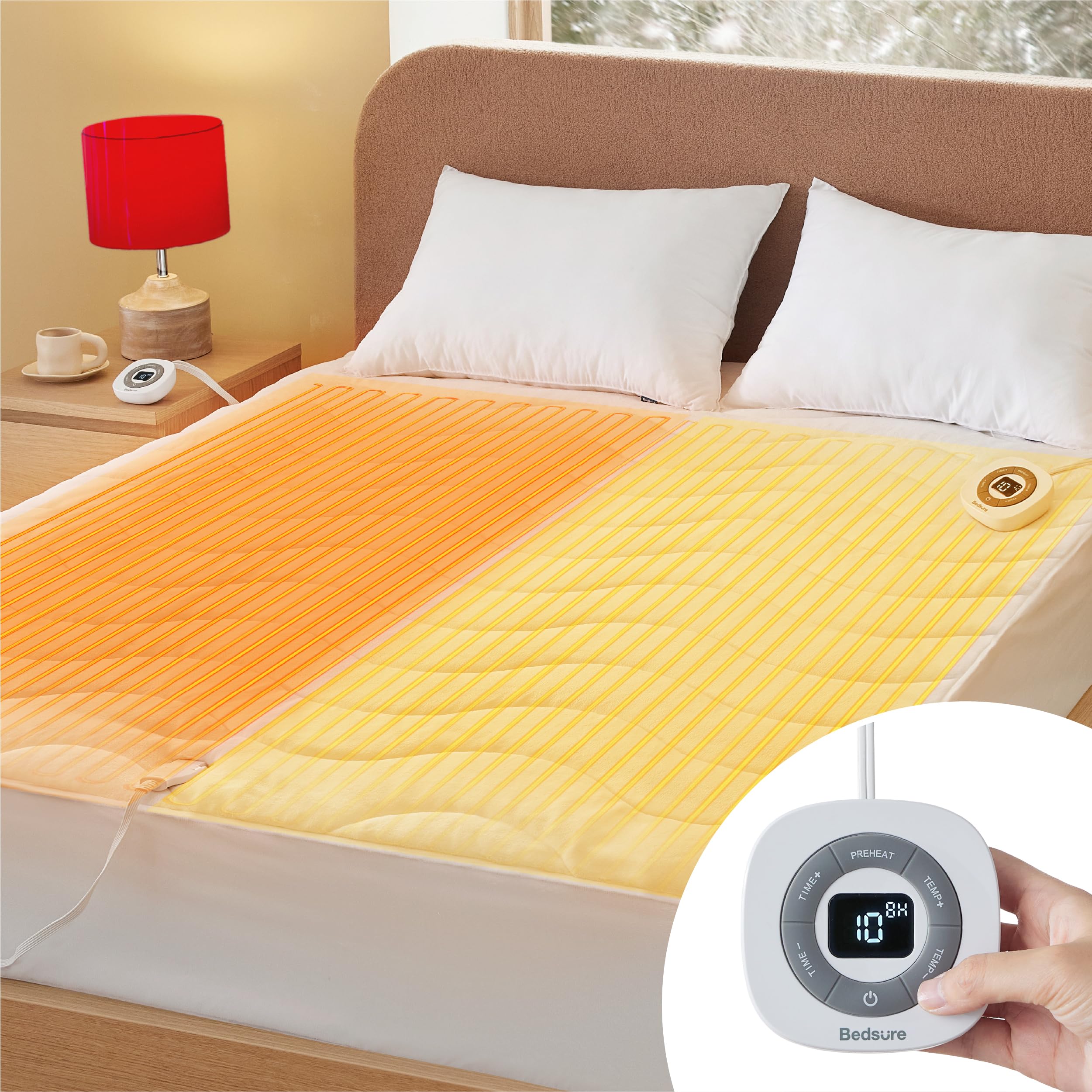 Bedsure Heated Mattress Pad Queen - Bed Warmer with Memory & Preheat Function, 12-Hour Timer & 10 Heat Settings with Dual Contro