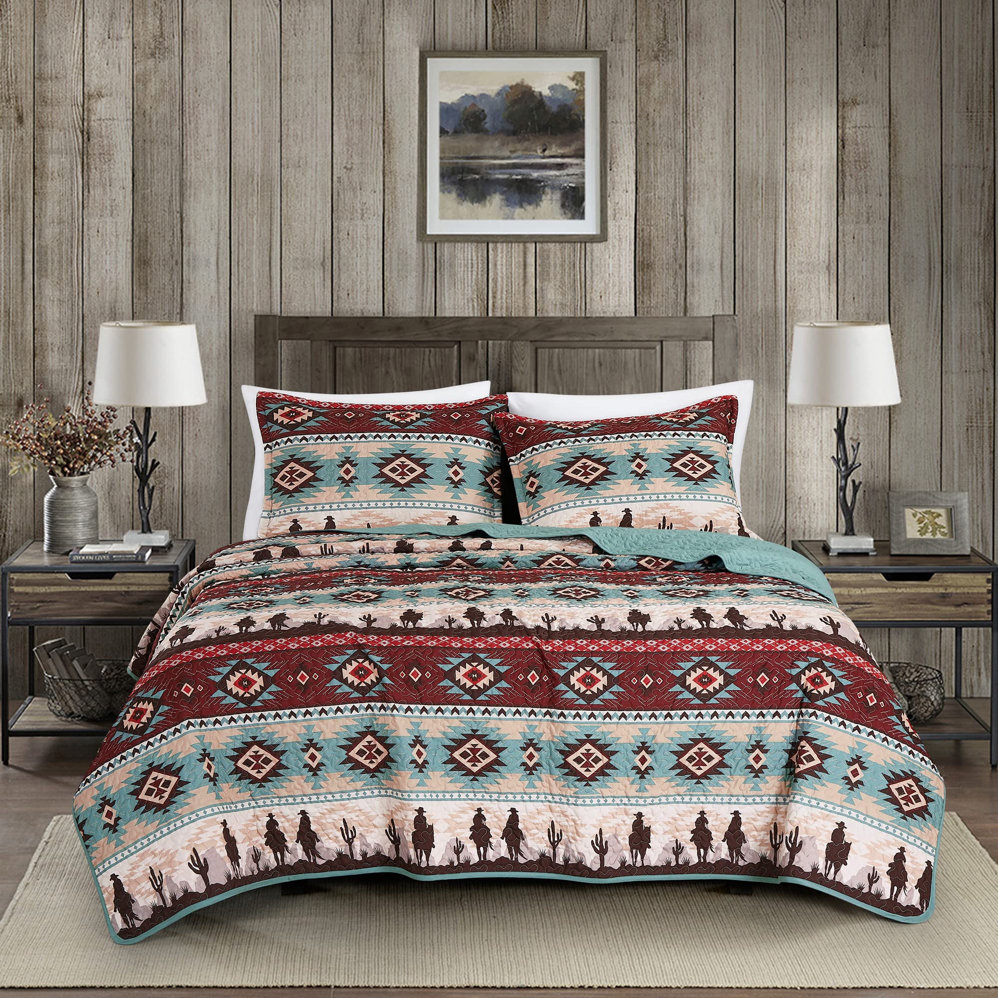 Chezmoi Collection Dune 3-Piece Southwestern Cowboys Aztec Quilt Set - Multicolor Teal Brown Beige Tan Red Printed Microfiber Be