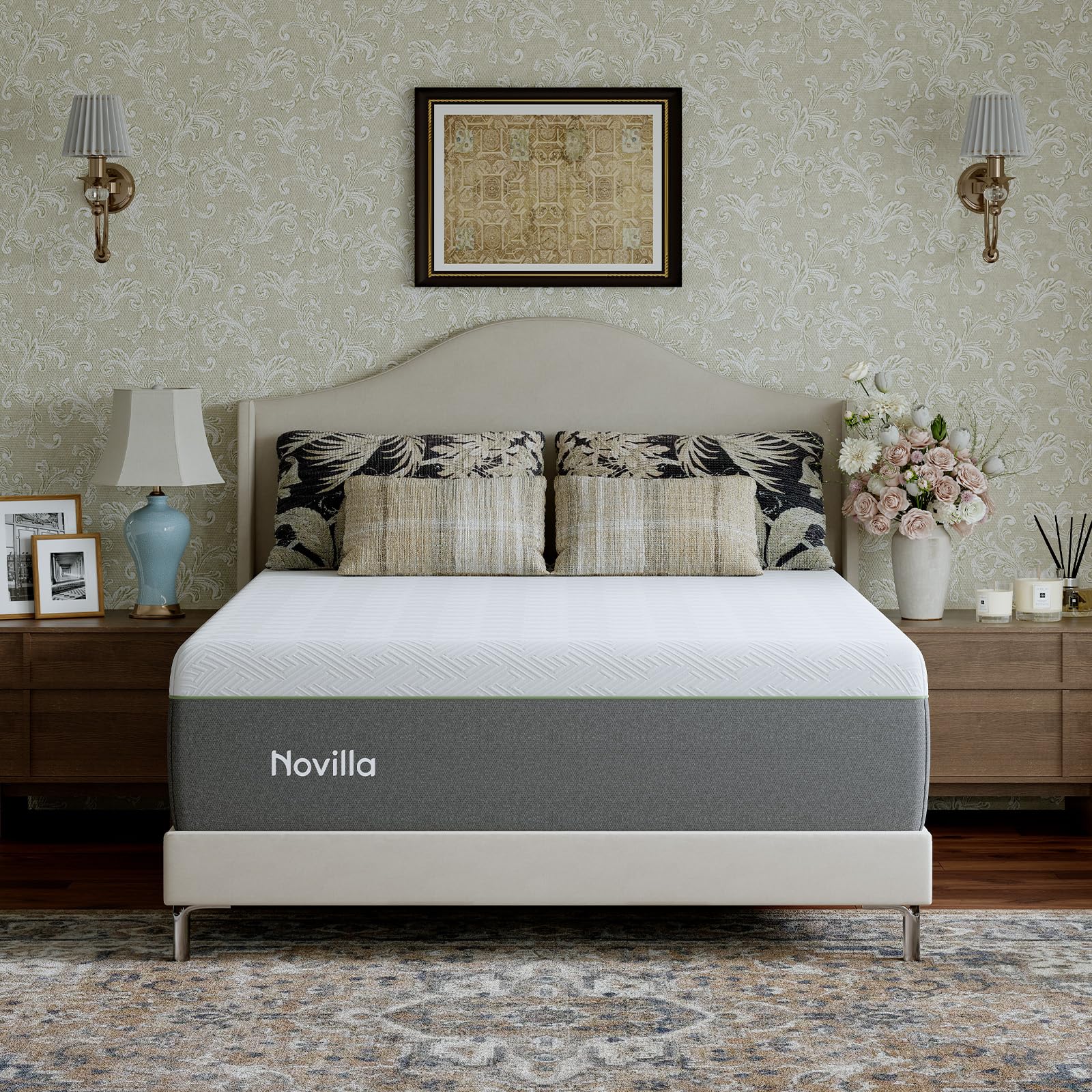 Novilla Bliss Green Tea Queen Mattress, 14 Inch Gel Memory Foam Mattress Queen in a Box for Cooling Comfort with Nylon Cover, Pr