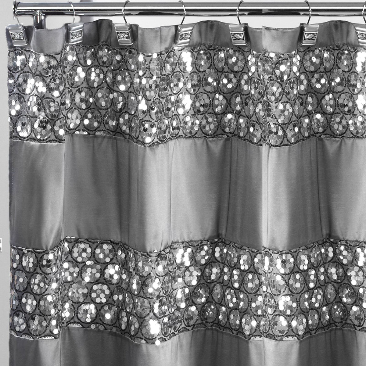 PBP Popular Bath Sinatra Silver 70 x 72 Bathroom Fabric Shower Curtain & Hook Set