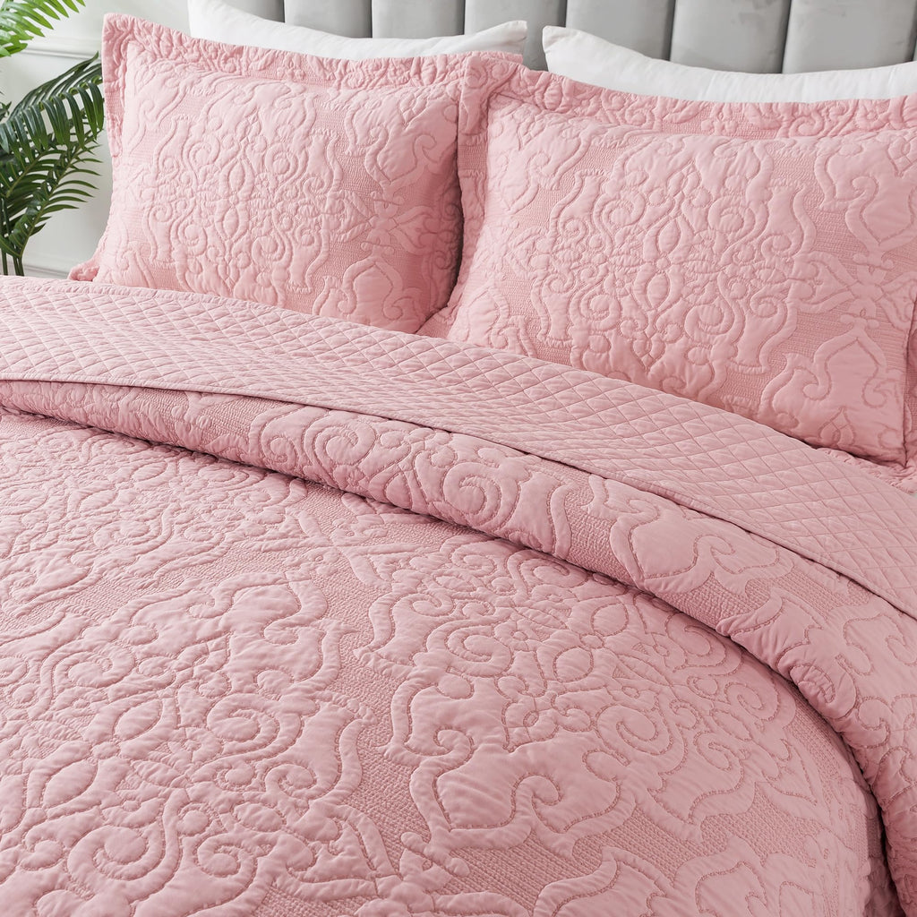 Newlake Quilt Bedspread Set, Pink Jacquard Embossed Floral Pattern Reversible Embroidered Microfiber Coverlet Sets, King Size