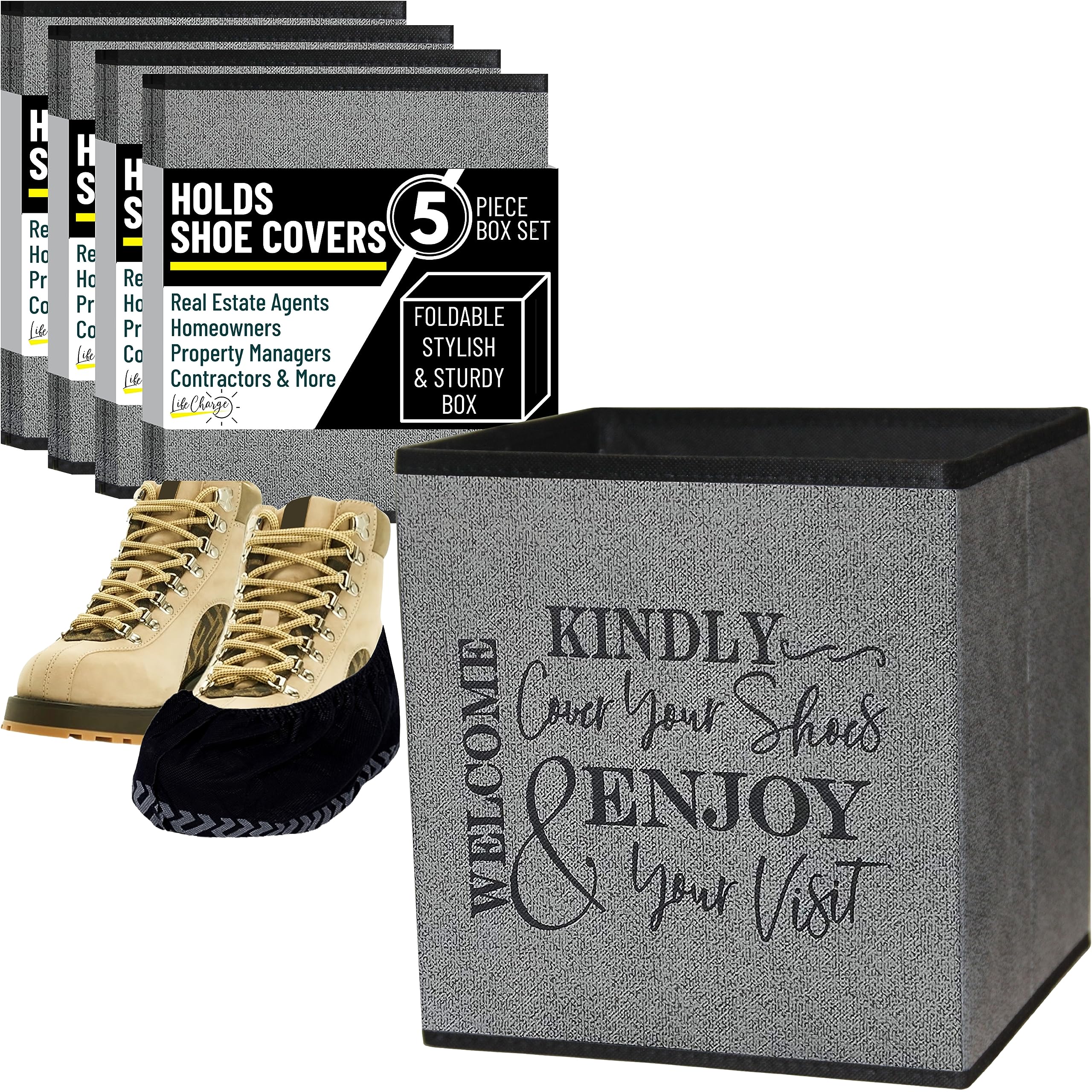 Life Charge Shoe Covers Box - Real Estate Agent Supplies Asking Guests to Please Cover Shoes - Disposable Shoe Bootie Holder For