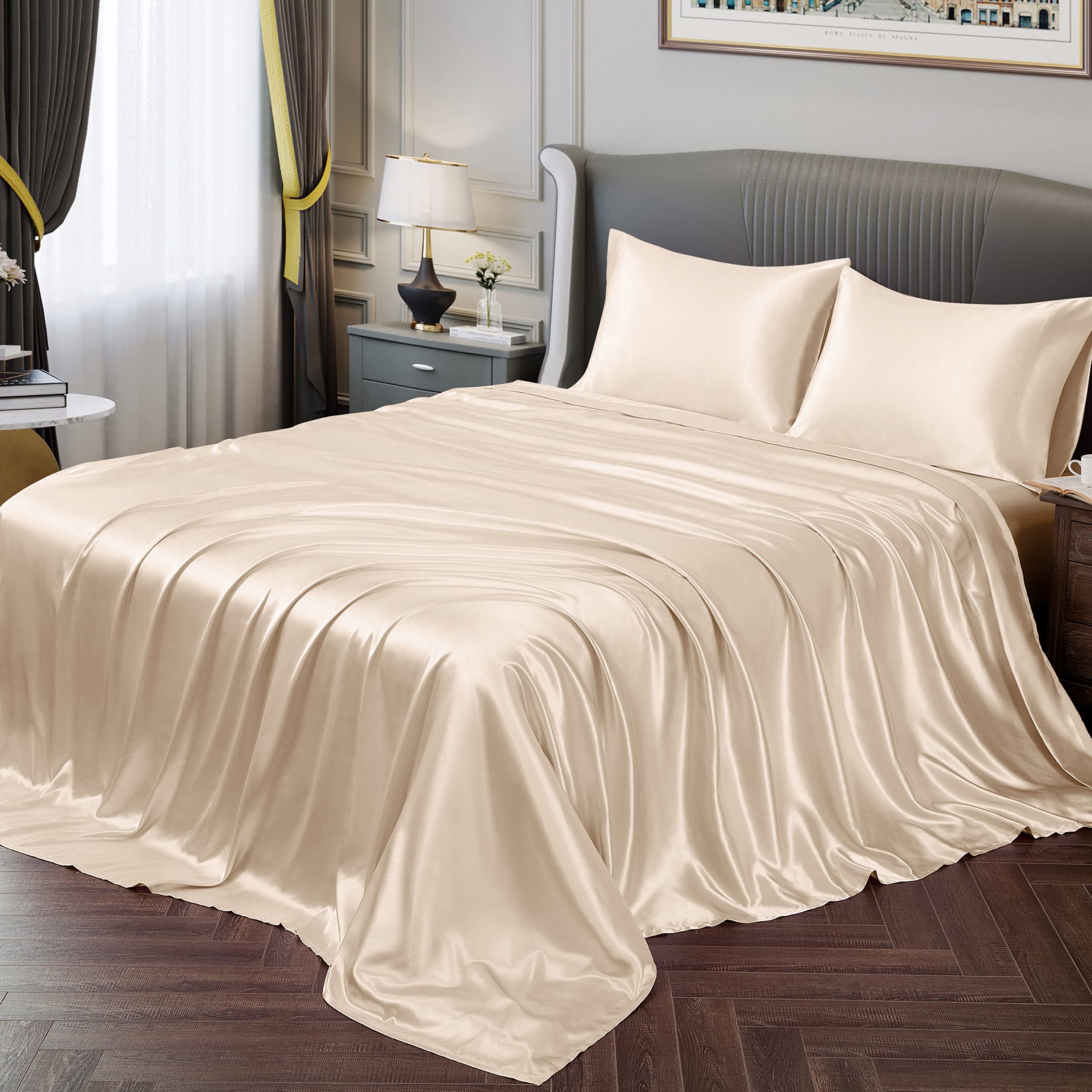 Vonty Satin Sheets Queen Silky Soft Satin Bed Sheets Beige Satin Sheet Set, 1 Deep Pocket Fitted Sheet + 1 Flat Sheet + 2 Pillow