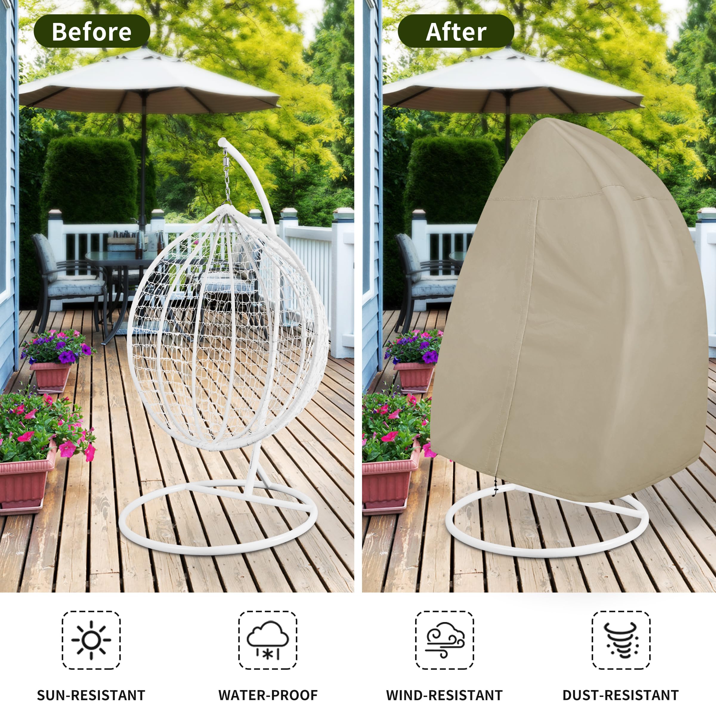 Easy-Going Patio Egg Chair Cover, Uv Resistant Waterproof Swing Hanging Egg Chair Cover With Zipper, Outdoor Wicker Single Seat Egg Chair Cover, Camel