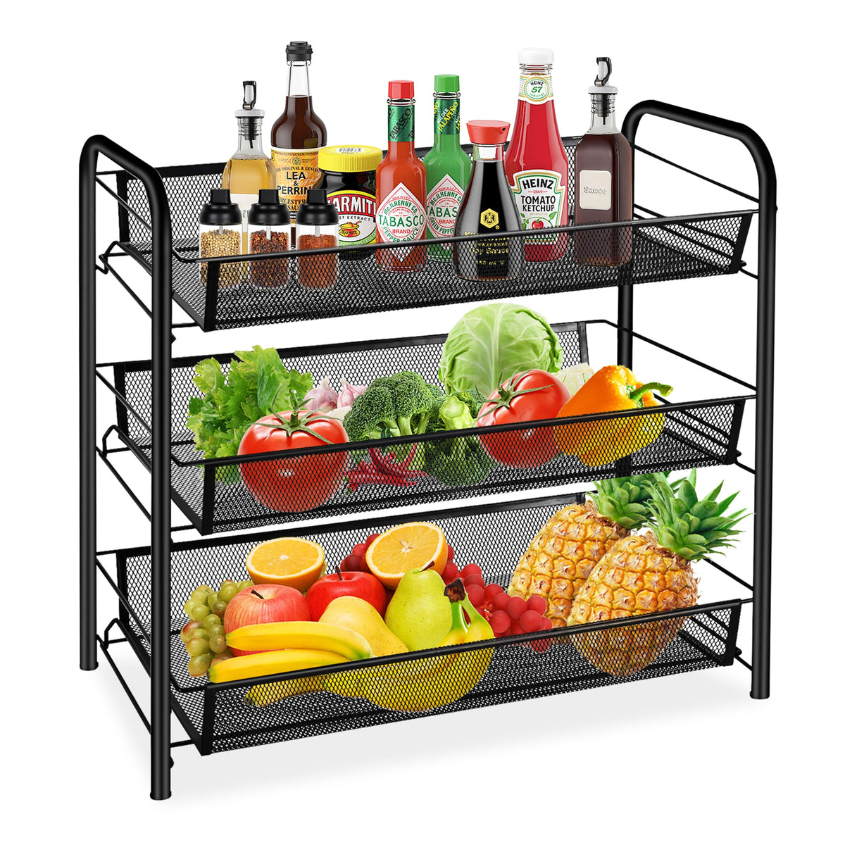 CVHOMEDECO. 3 Tier Fruit Basket Large Capacity Rectangular Metal Fruit Bowl Detachable Metal Fruit Stands Organizer for Kitchen 