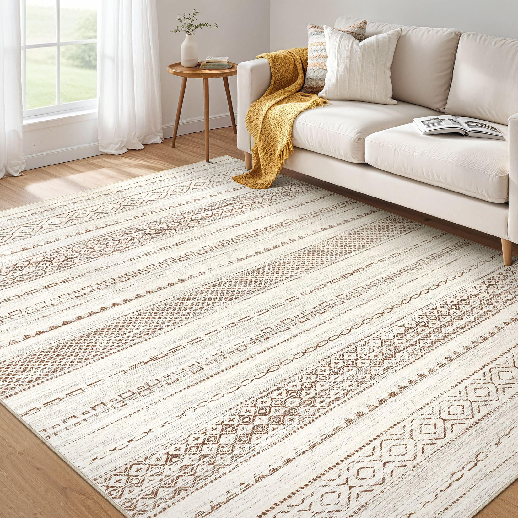 Nakagishi Area Rug Living Room Rugs: 5x7 Machine Washable Boho Large Neutral Farmhouse Stain Resistant Moroccan Indoor Floor Car