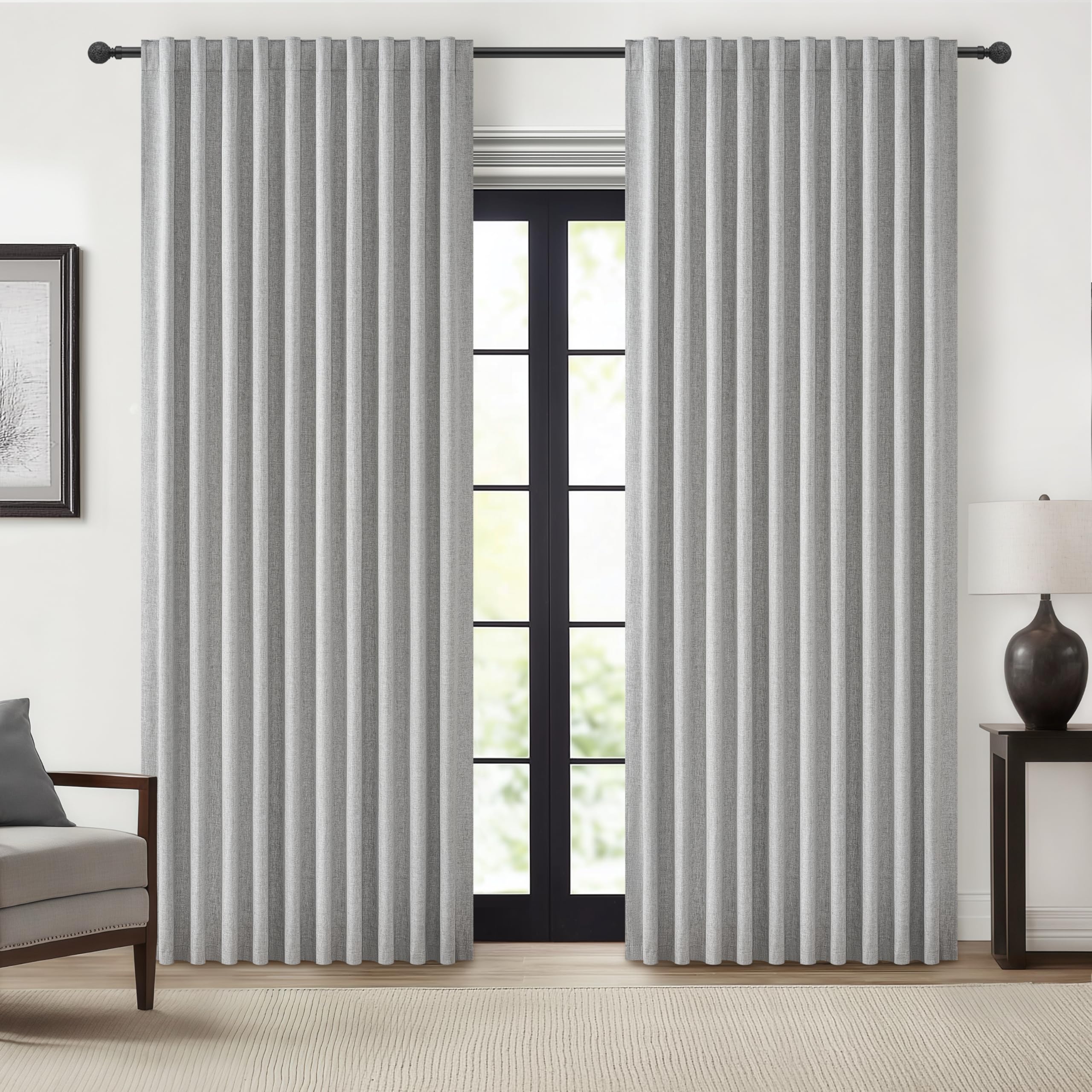 QJmydeco Grey Curtains 60 Inch Length Wide Pleated Blackout Curtain for Sliding Glass Door/Living Room, Farmhouse Linen Thick Bo