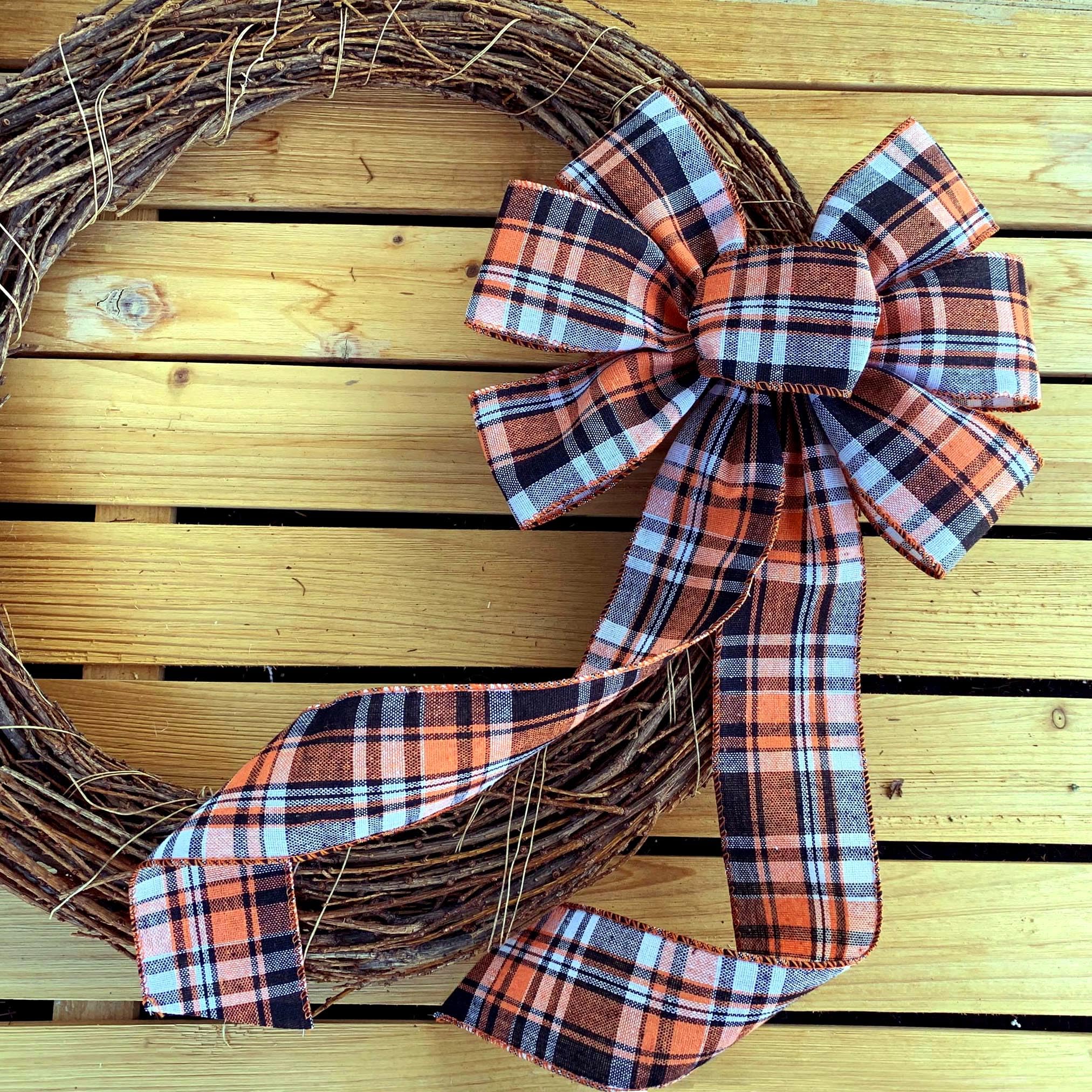 Fall Plaid Door Wreath Bow - 10' Wide, 18' Long Pre-Tied Bow, Orange, Beige, Black, Thanksgiving, Christmas, Kitchen Decor, Do