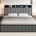 VECELO Full Bed Frame, Storage Upholstered Headboard with Charging Station, Platform Bedframe, Heavy Duty Metal Slats, No Box Sp