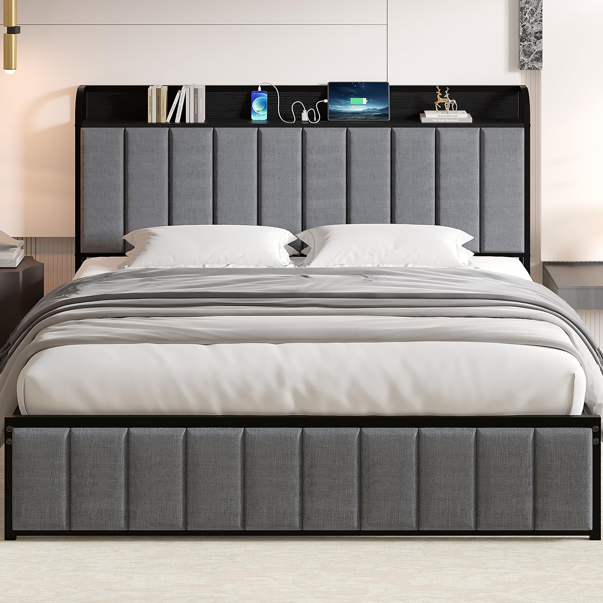 VECELO Full Bed Frame, Storage Upholstered Headboard with Charging Station, Platform Bedframe, Heavy Duty Metal Slats, No Box Sp