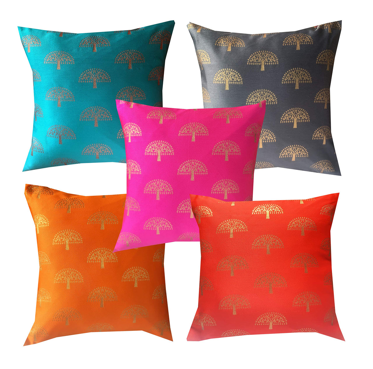 Pink Parrot Jacquard Silk Multi Colour Square Cushion Cover 16X16 InchSet 5 Pcs