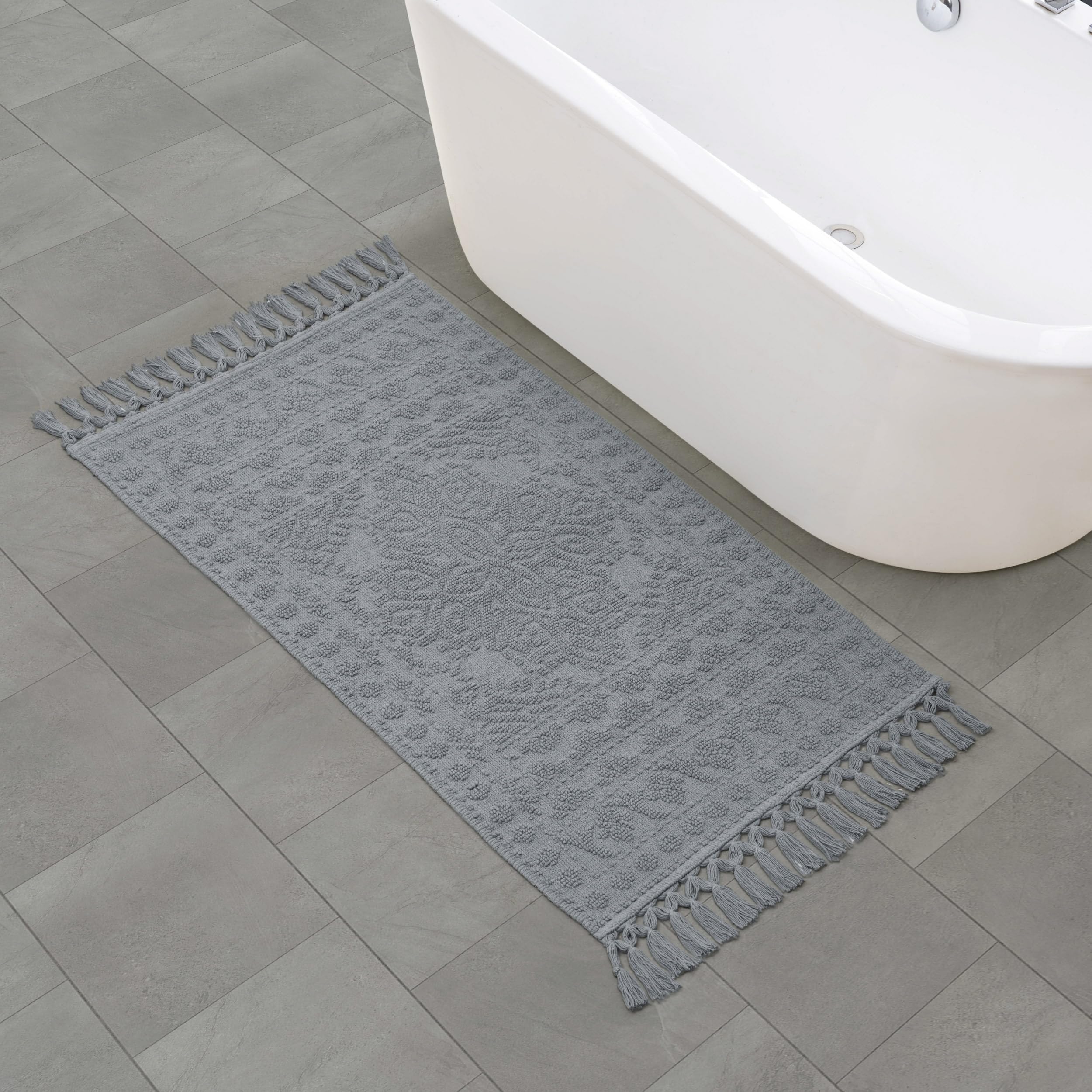 French Connection Nellore Fringe 26 x 49 in. Bath Rug, Medium Gray