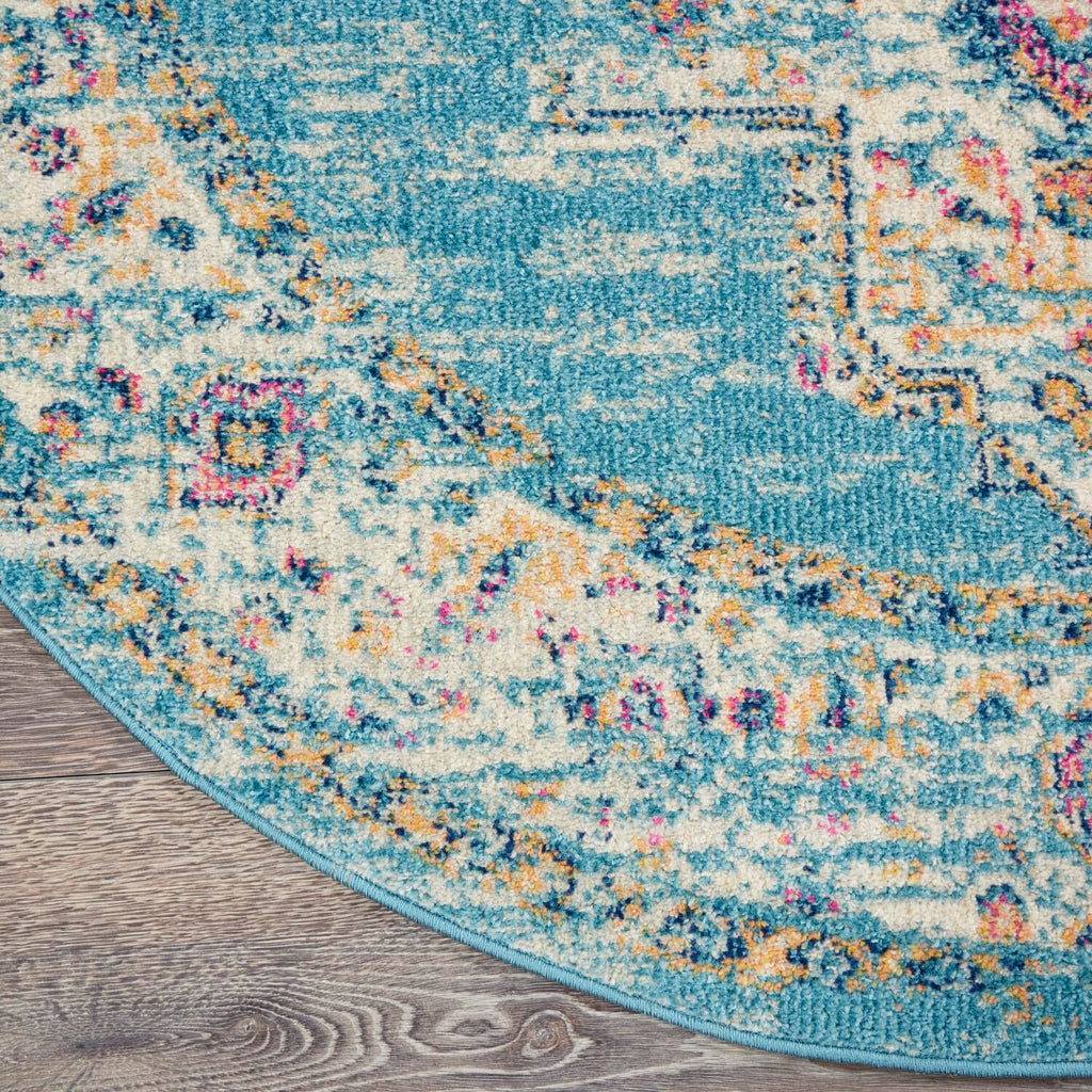 Nourison Passion Light Blue 4' X Round Area Rug, Boho, Traditional, Easy Cleaning, Non Shedding, Bed Room, Living Room, Hallway, (4' Round)