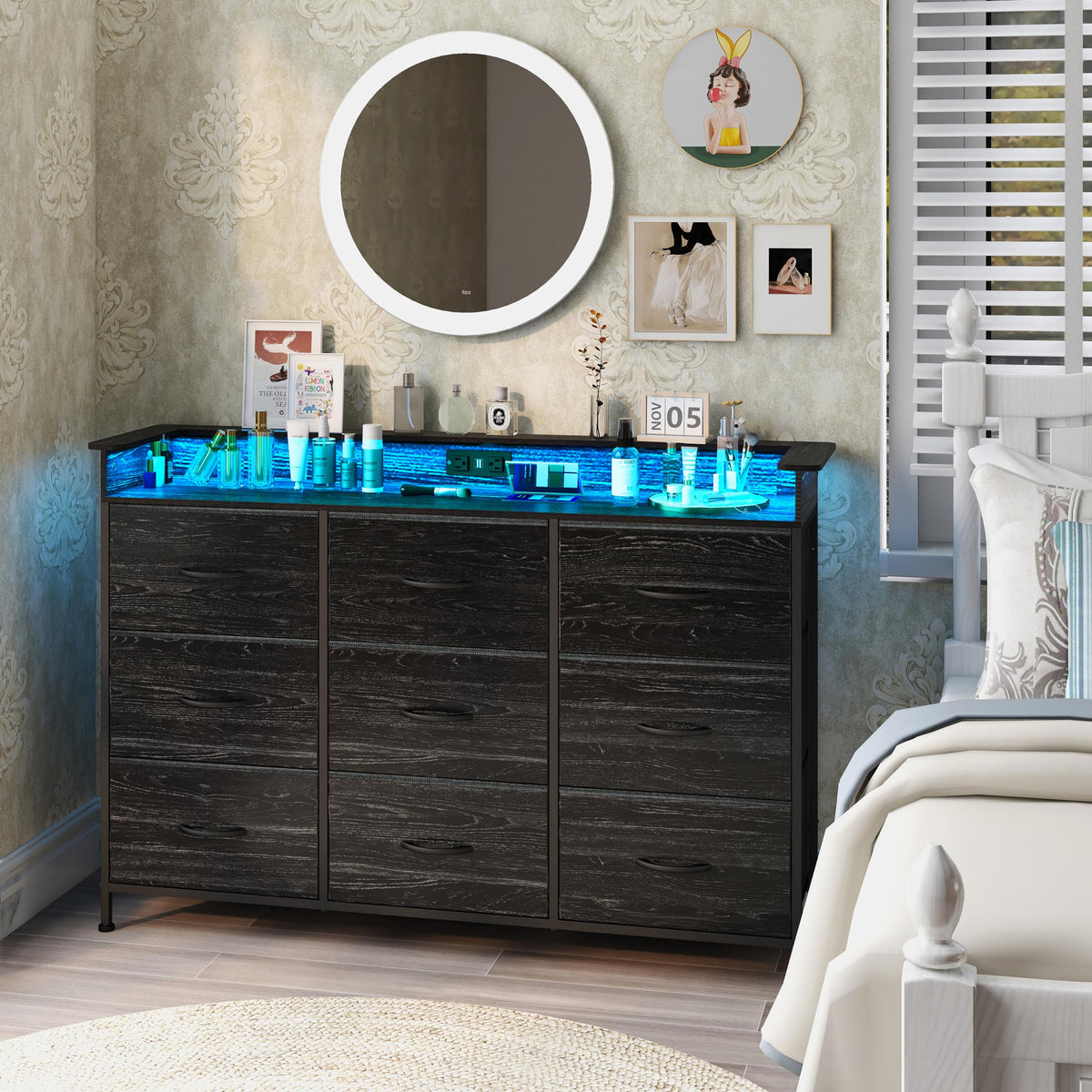 Exotica Black Dresser With Charging Station 9 Drawers Dresser With Led Light And Usb Ports Fabric Dressers For Bedroom Hallway Entryway Closets Sturdy Steel Frame Wood Top