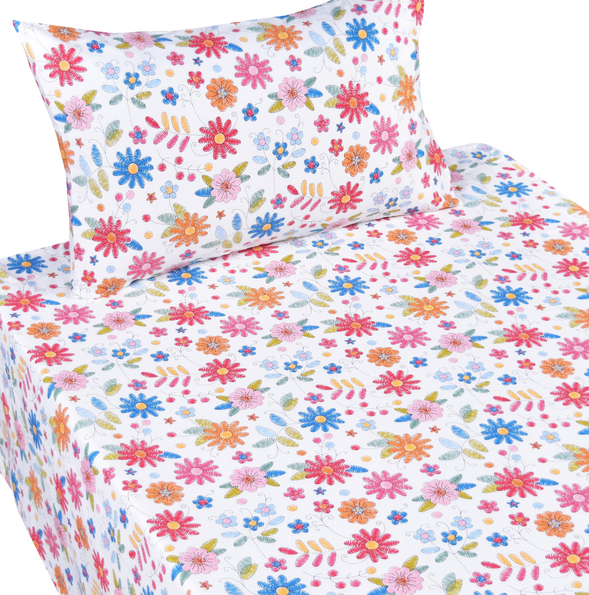Scientific Sleep Twin Bed Sheet Set, 100% Cotton, Colorful Floral Design, 3 Pcs Includes Flat & Fitted Sheet, Pillowcase, Kids Bedding