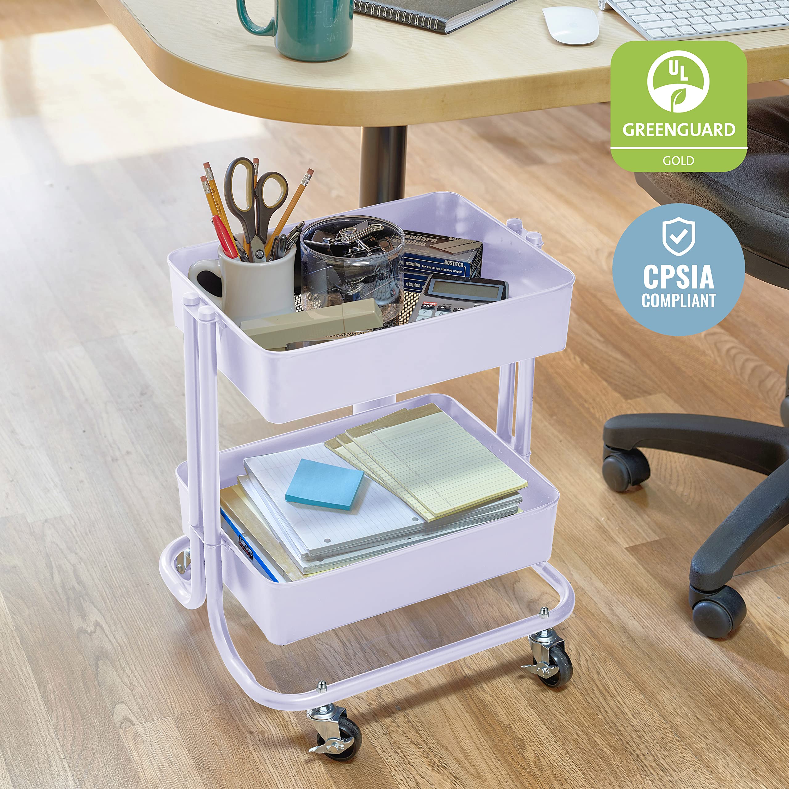 Ecr4Kids 2-Tier Metal Rolling Utility Cart - Under Desk Office Storage, Multipurpose Mobile Organizer, White