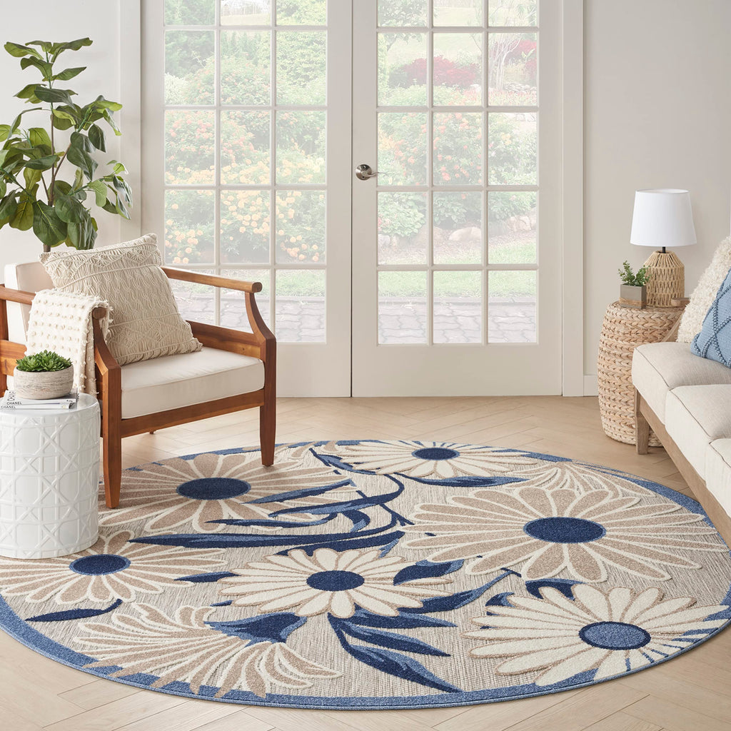 Nourison Aloha Outdoor Blue Grey 5'3' X Round Area Rug, Easy Cleaning, Non Shedding, Bed Room, Living Room, Dining Room, Deck, Backyard, Patio (5 Round)