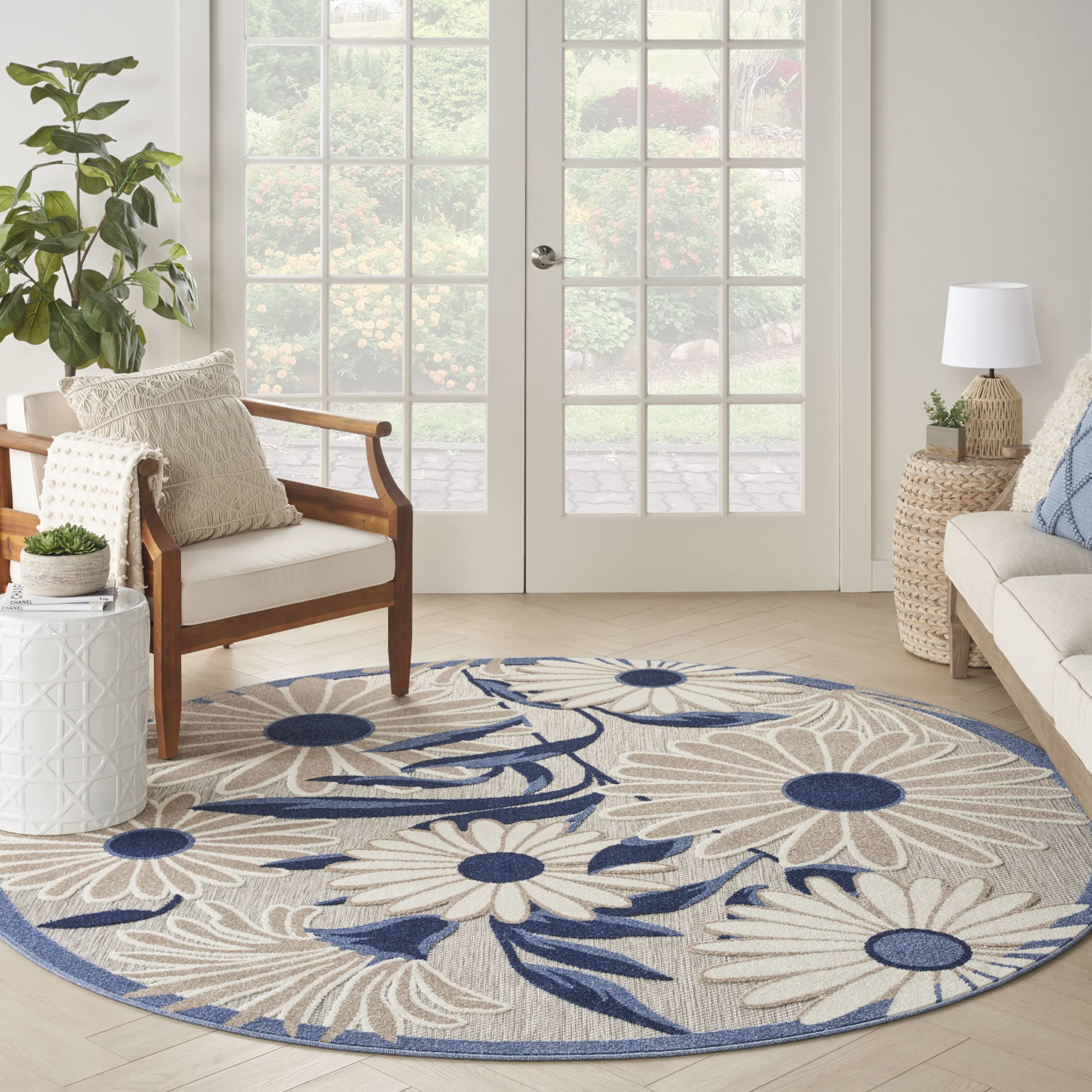 Nourison Aloha Outdoor Blue Grey 5'3' X Round Area Rug, Easy Cleaning, Non Shedding, Bed Room, Living Room, Dining Room, Deck, Backyard, Patio (5 Round)