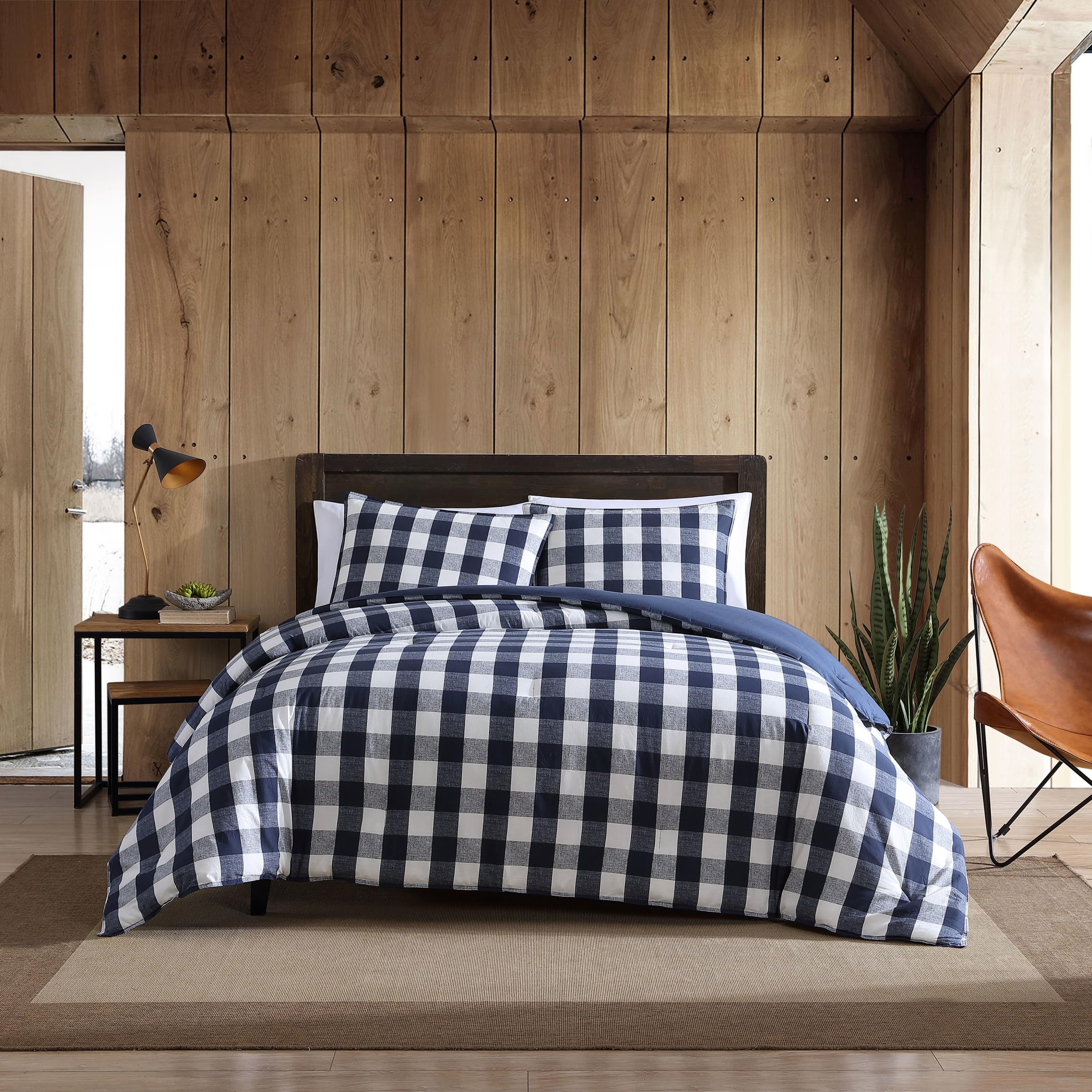 Eddie Bauer - King Comforter Set, Reversible Cotton Bedding With Matching Shams, Stylish Plaid Home Decor (Lakehouse Blue, King)