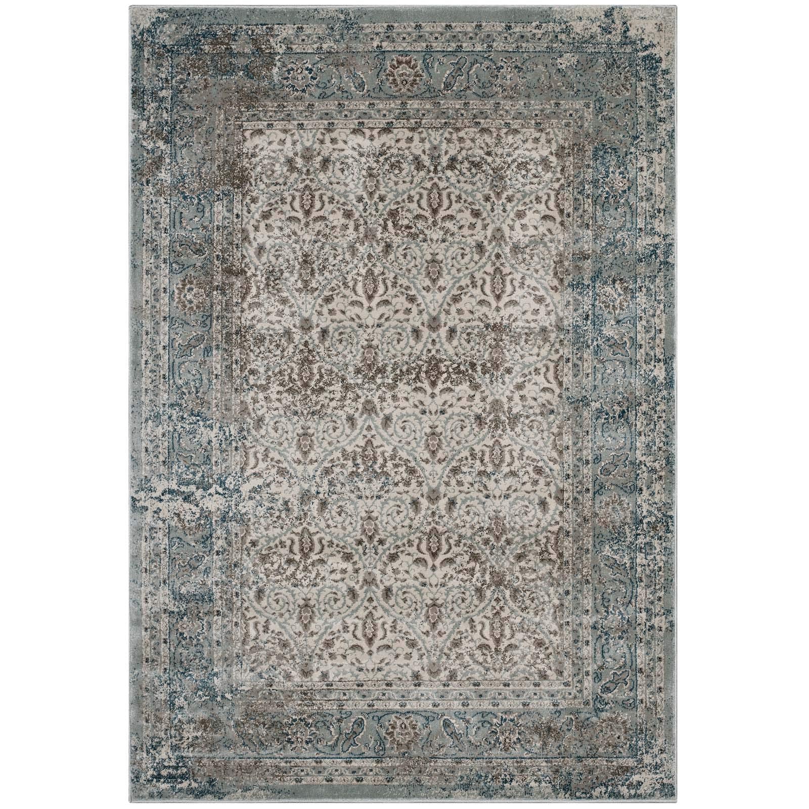 Modway Dilys Distressed Vintage Floral Lattice 5X8 Area Rug In Teal, Brown And Beige
